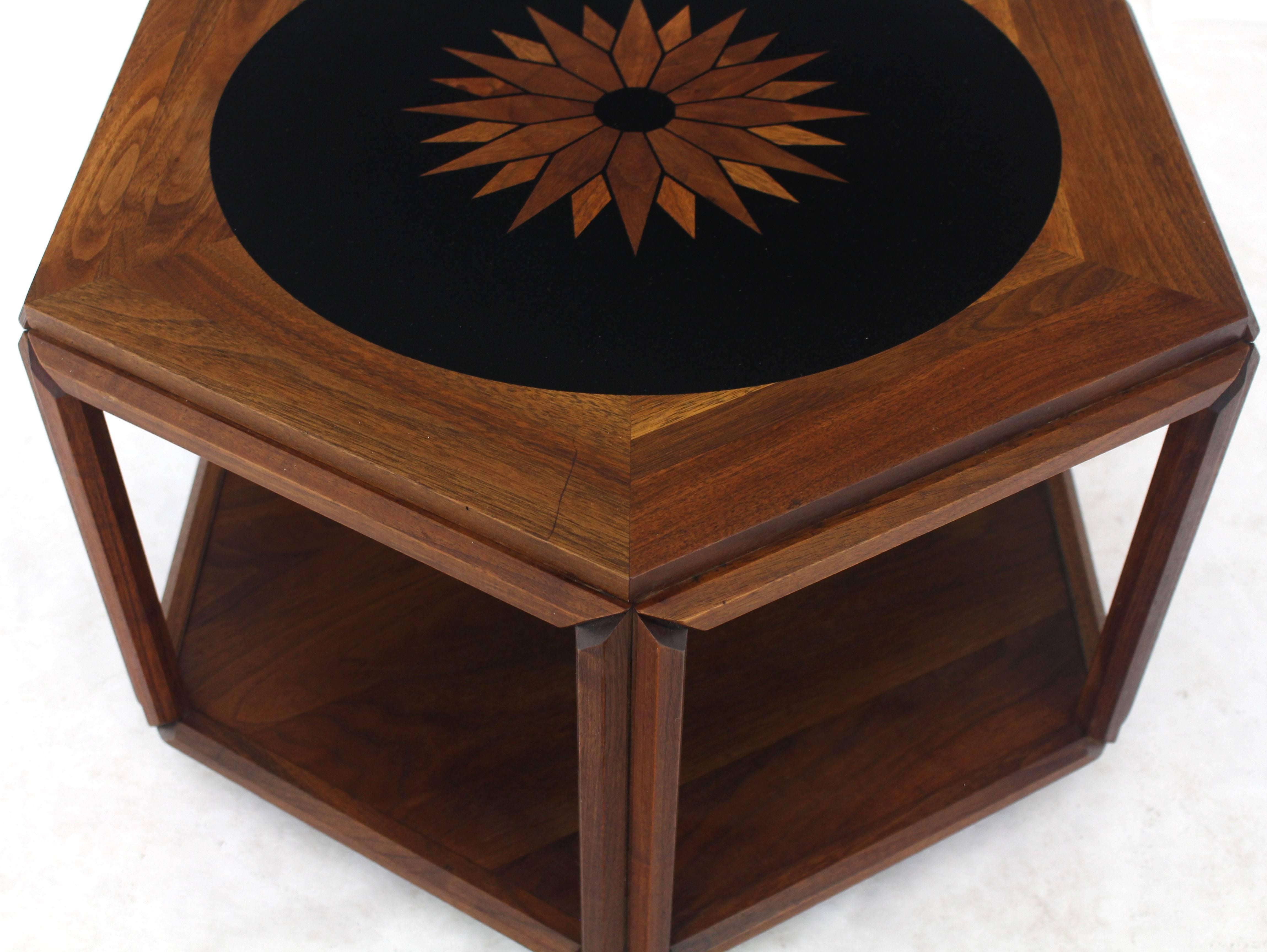 Oiled Brown Saltman Hexagonal End Coffee Table with Sunburst Inlay For Sale