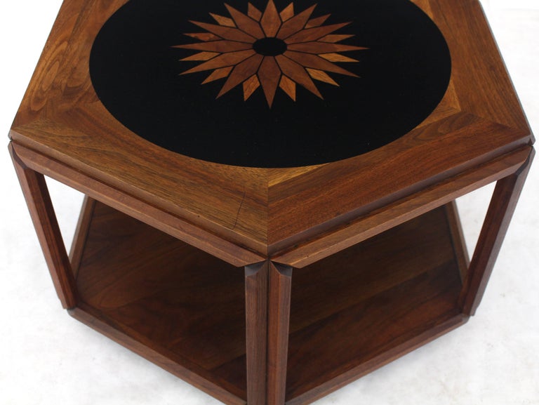 Brown Saltman Hexagonal End Table with Sunburst Inlay For Sale at 1stdibs