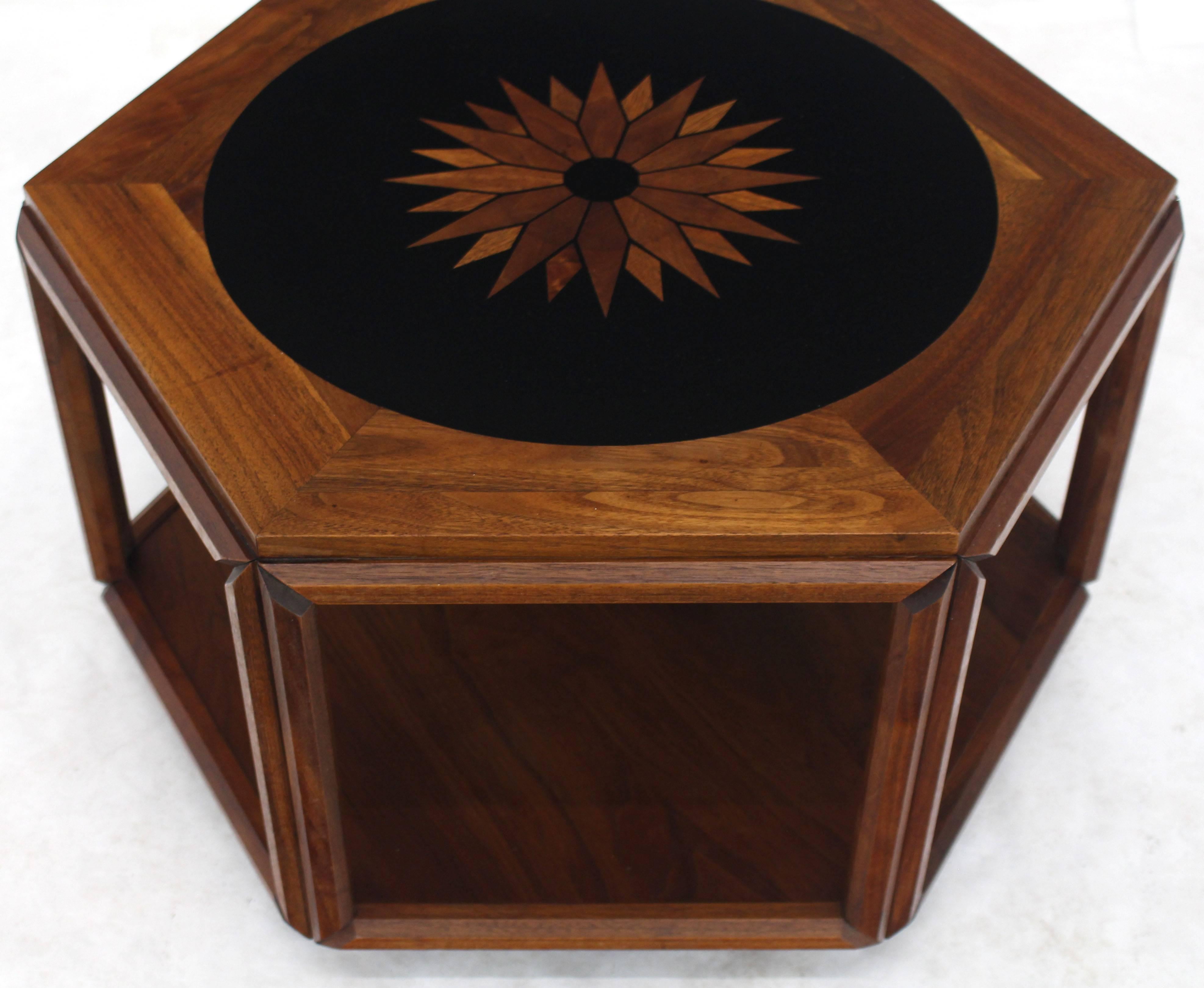 Brown Saltman Hexagonal End Coffee Table with Sunburst Inlay In Good Condition For Sale In Rockaway, NJ