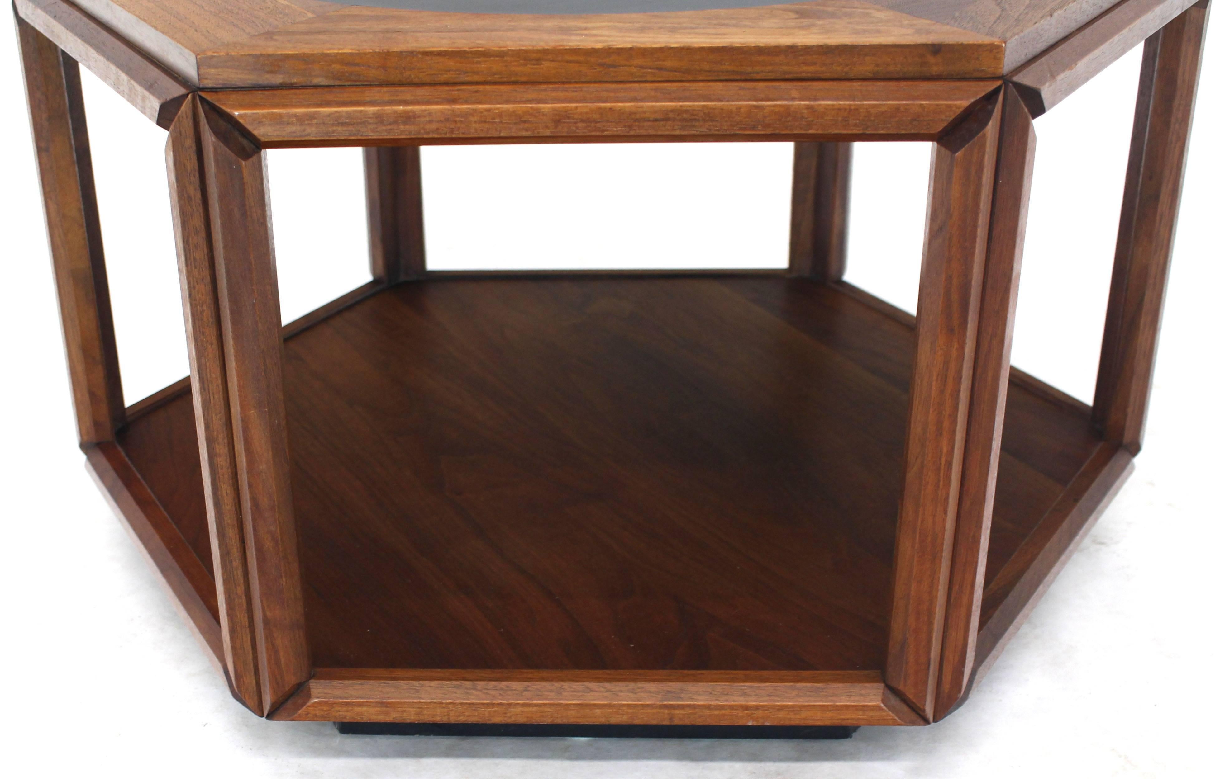 20th Century Brown Saltman Hexagonal End Coffee Table with Sunburst Inlay For Sale