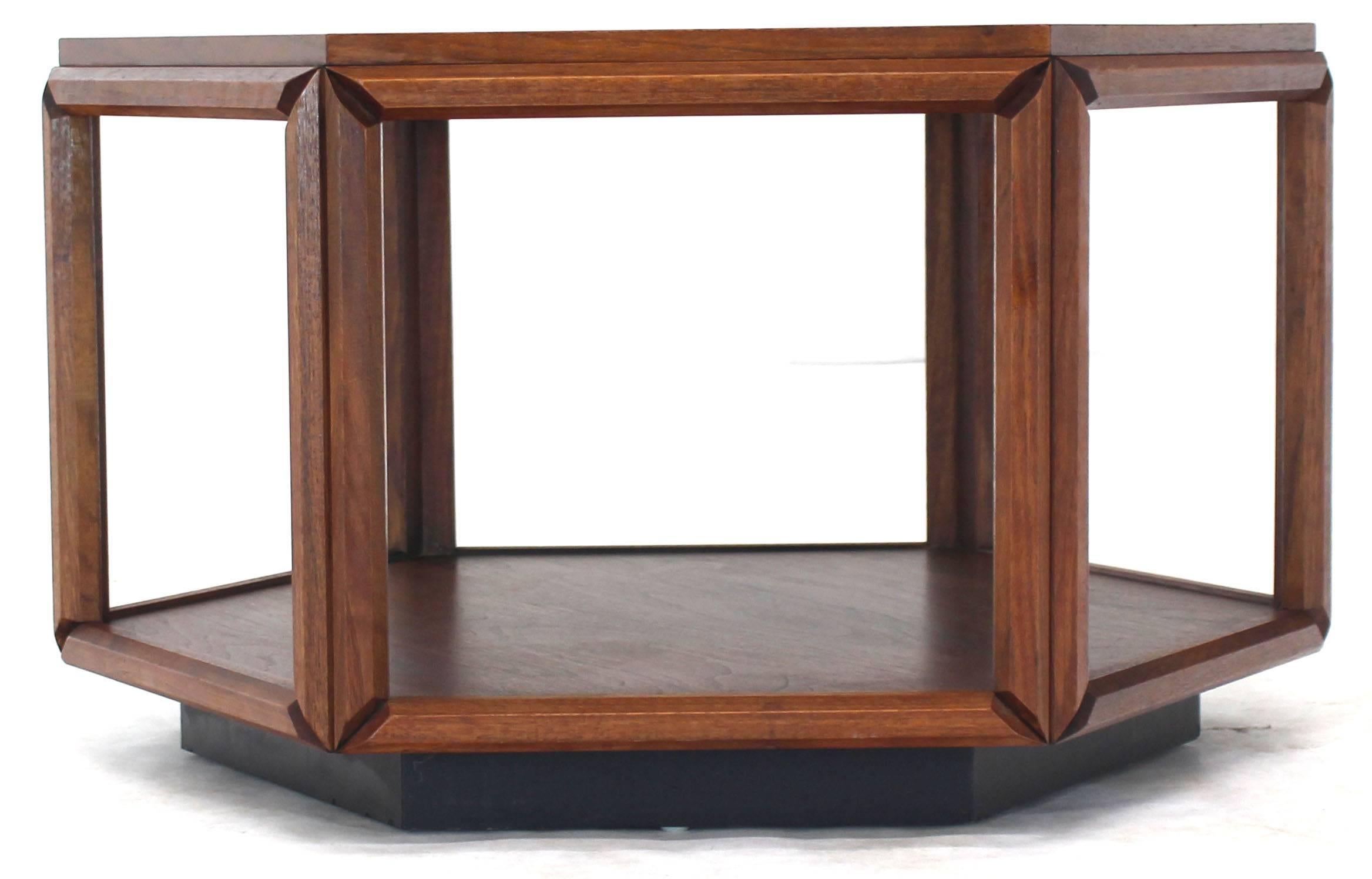 Walnut Brown Saltman Hexagonal End Coffee Table with Sunburst Inlay For Sale