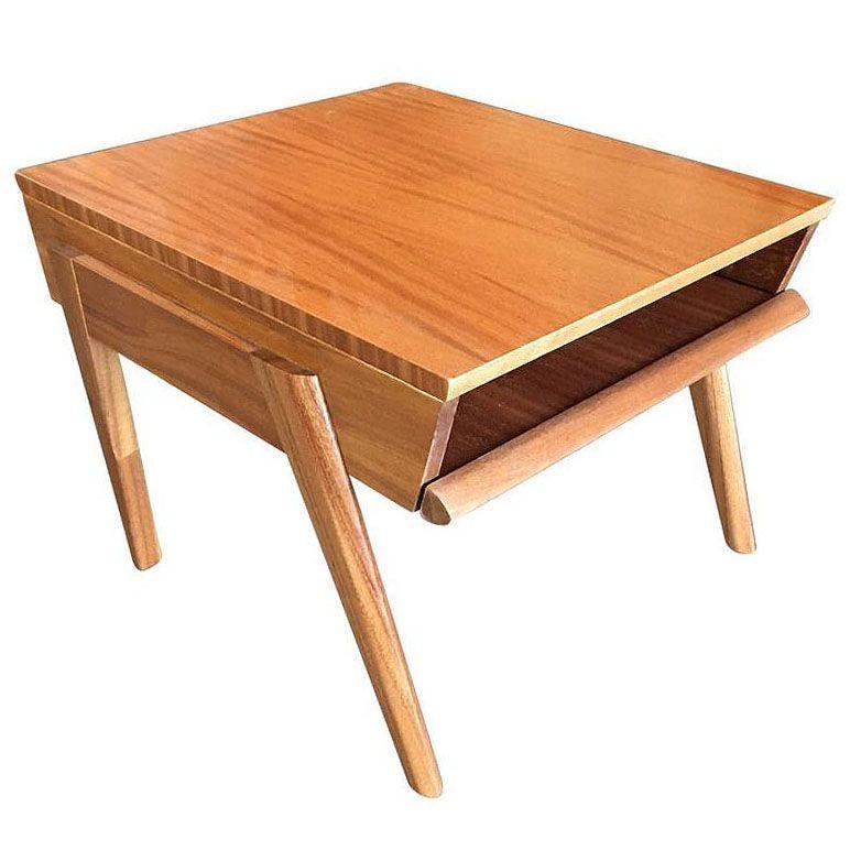 Fully restored original pair of Mid-century side tables with hairpin styles and a pullout / pull-out magazine shelf designed by designer John Keal for Brown-Saltman.

Dimensions: 20