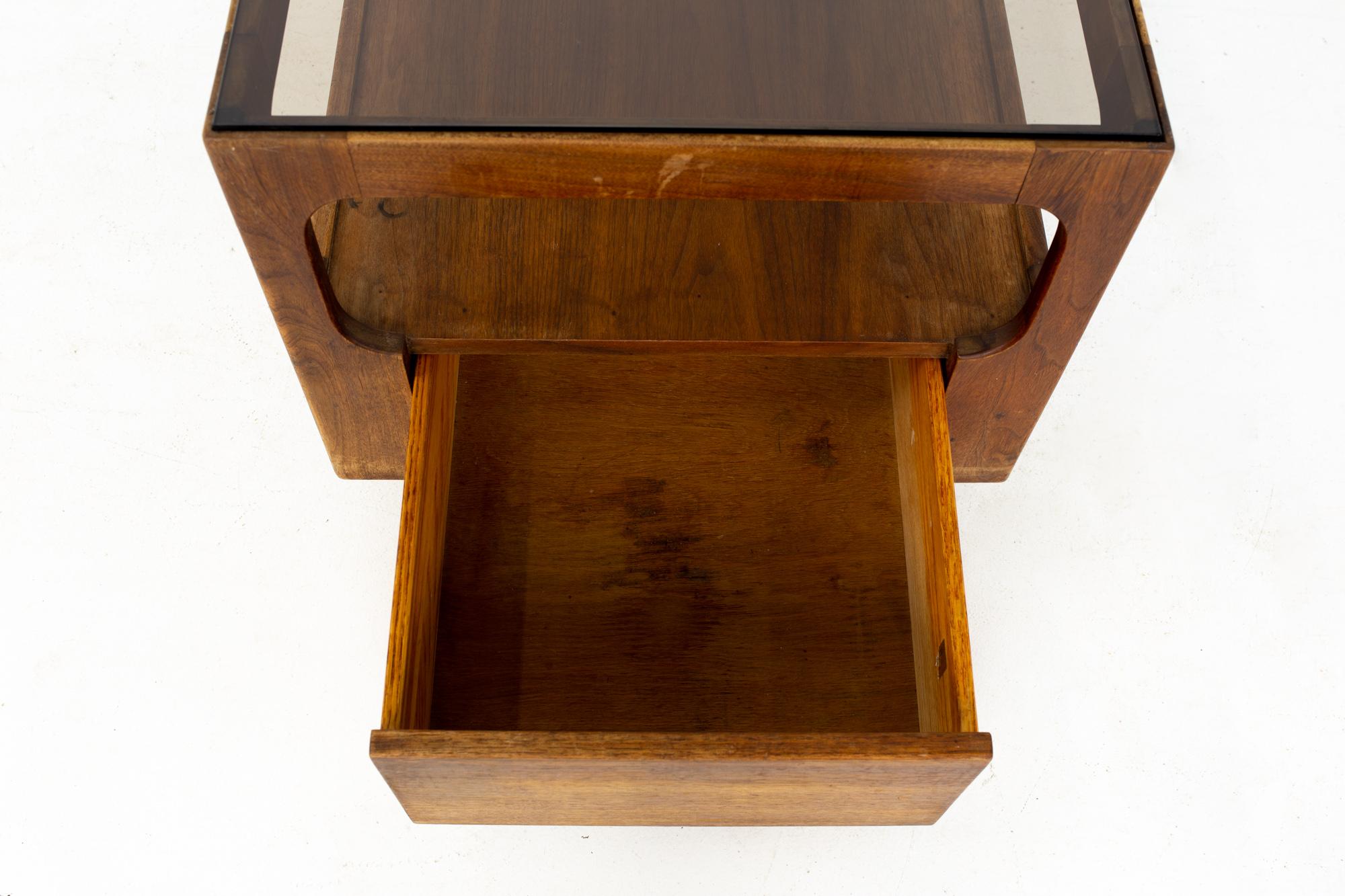Late 20th Century Brown Saltman Mid Century Glass Top Side End Table with Drawer