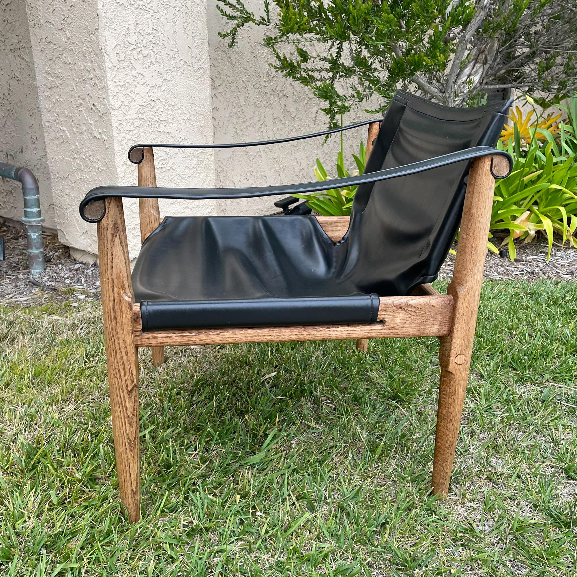 Mid-Century Modern 1960s Black Faux Leather Safari Sling Chairs Douglas Heaslett for Brown Saltman