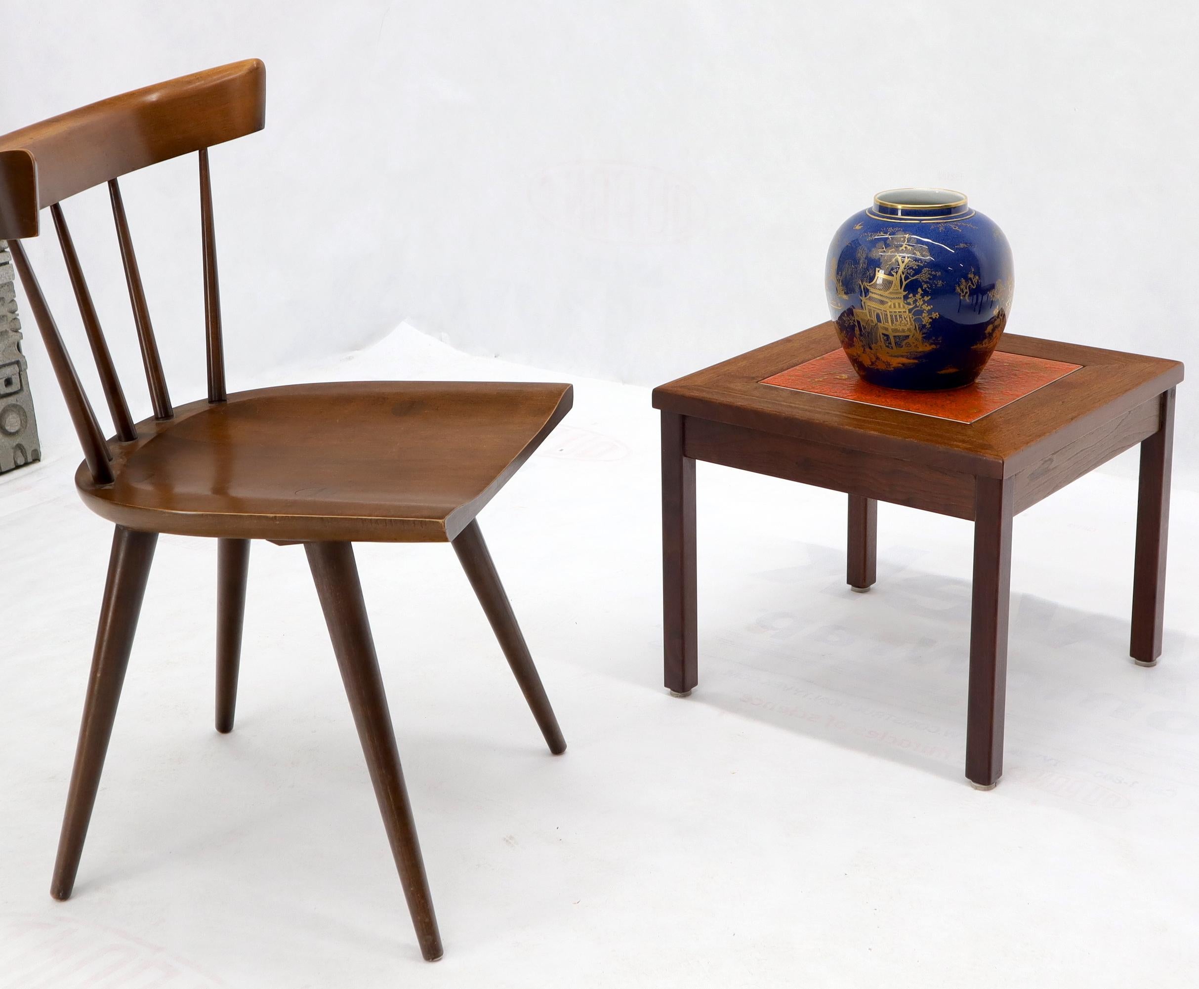 Set of 3 Brown and Saltman end coffee side occasional tables stands in dark oiled walnut with art tile top.