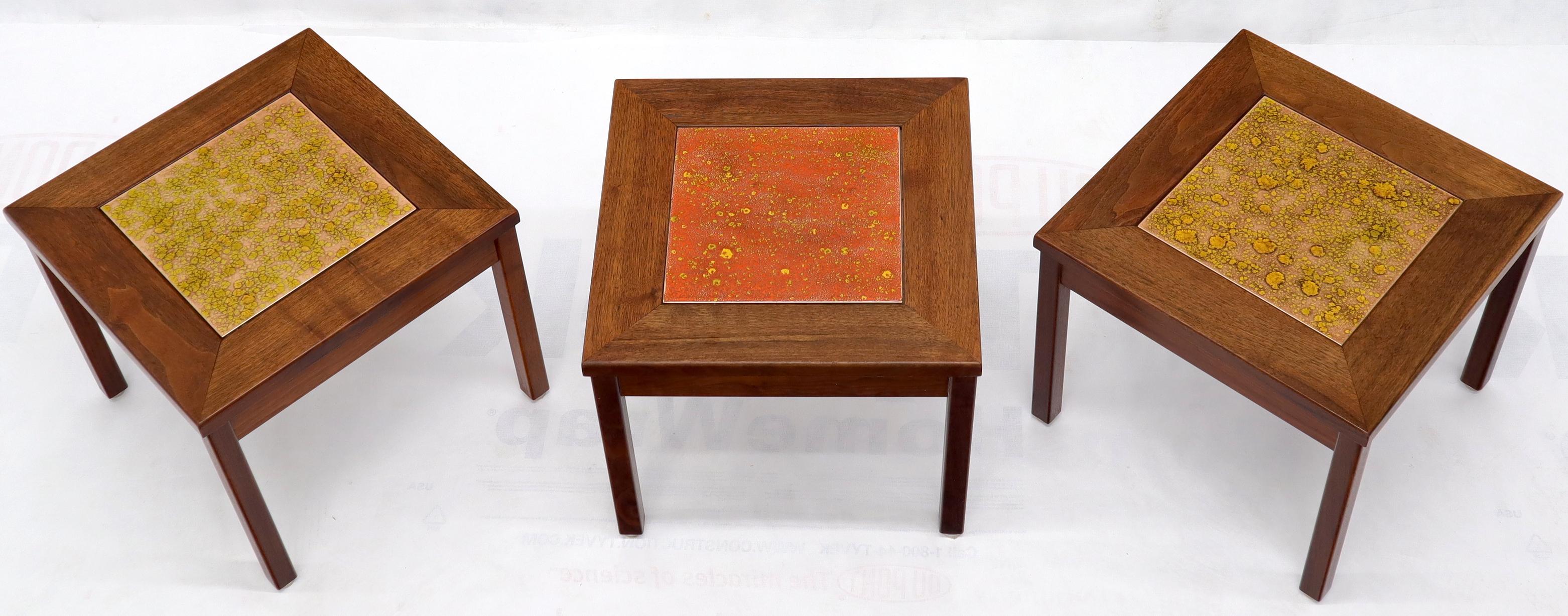 Mid-Century Modern Brown and Saltman Set of Three End Side Tables in Dark Oiled Walnut Art Tile Top For Sale