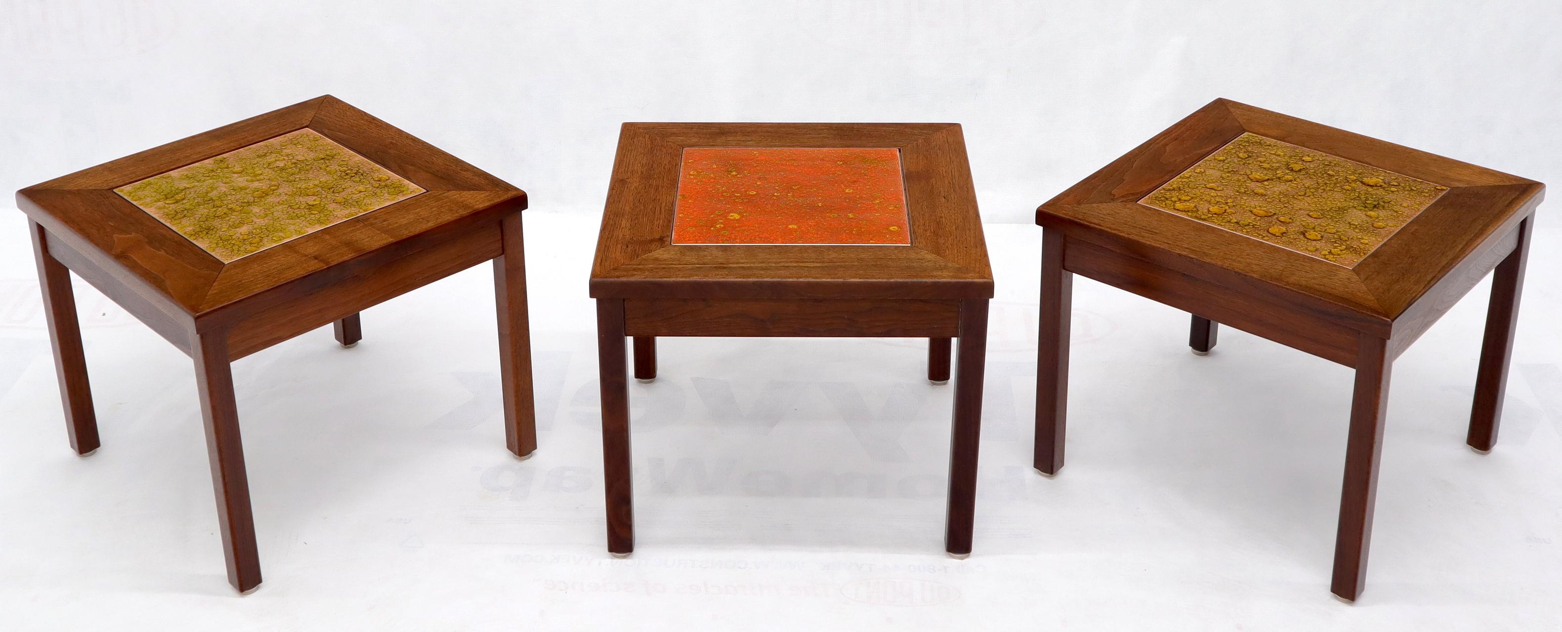 American Brown and Saltman Set of Three End Side Tables in Dark Oiled Walnut Art Tile Top For Sale