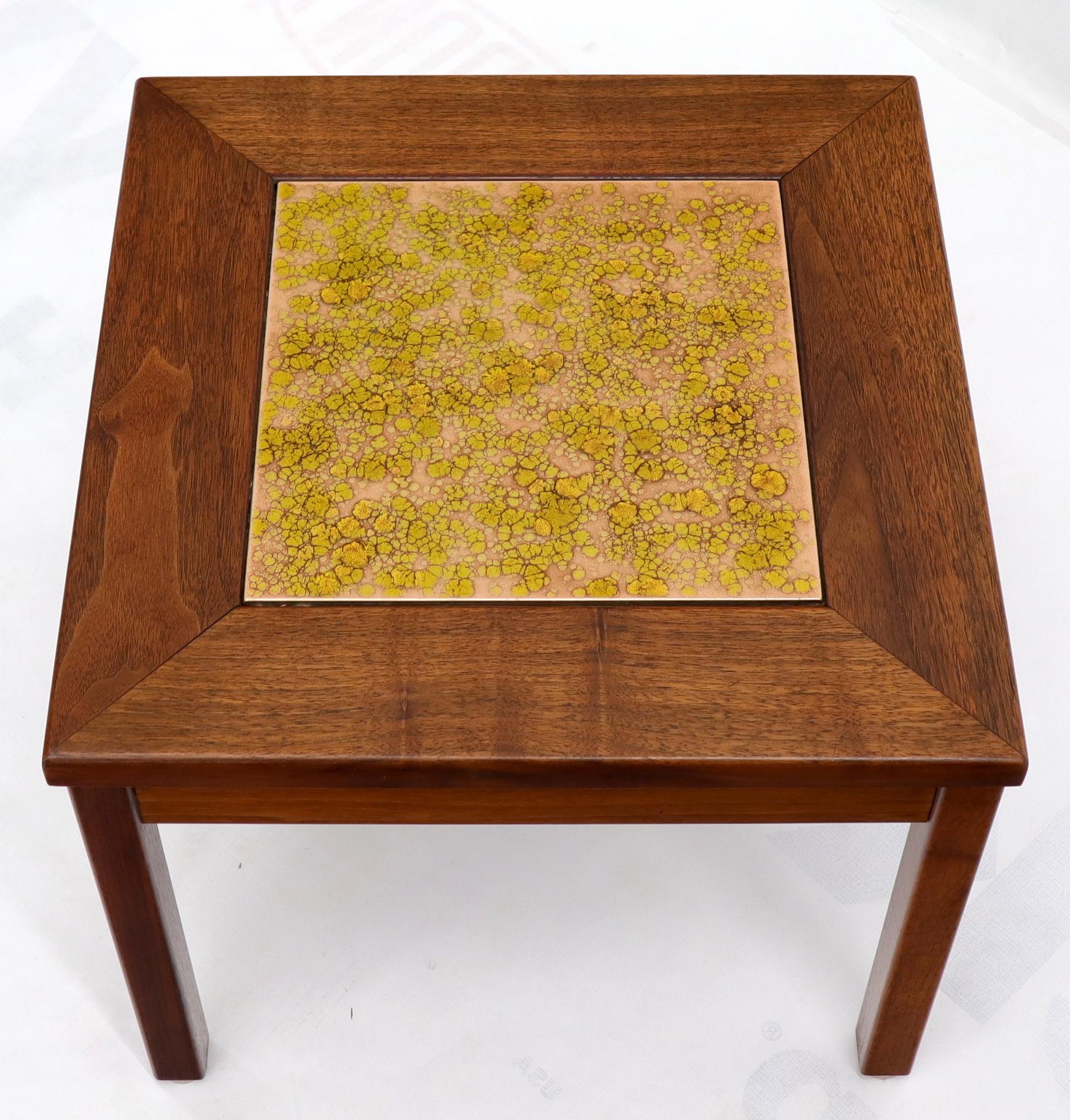 20th Century Brown and Saltman Set of Three End Side Tables in Dark Oiled Walnut Art Tile Top For Sale