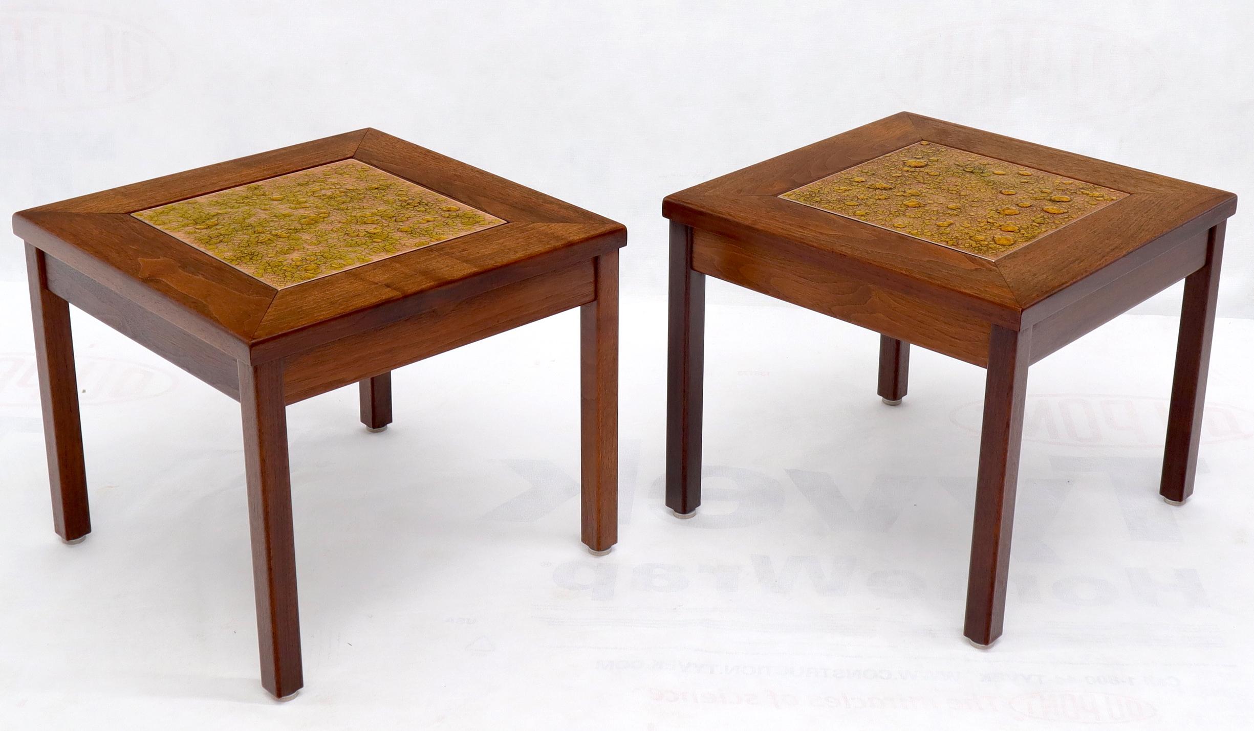 Art Glass Brown and Saltman Set of Three End Side Tables in Dark Oiled Walnut Art Tile Top For Sale
