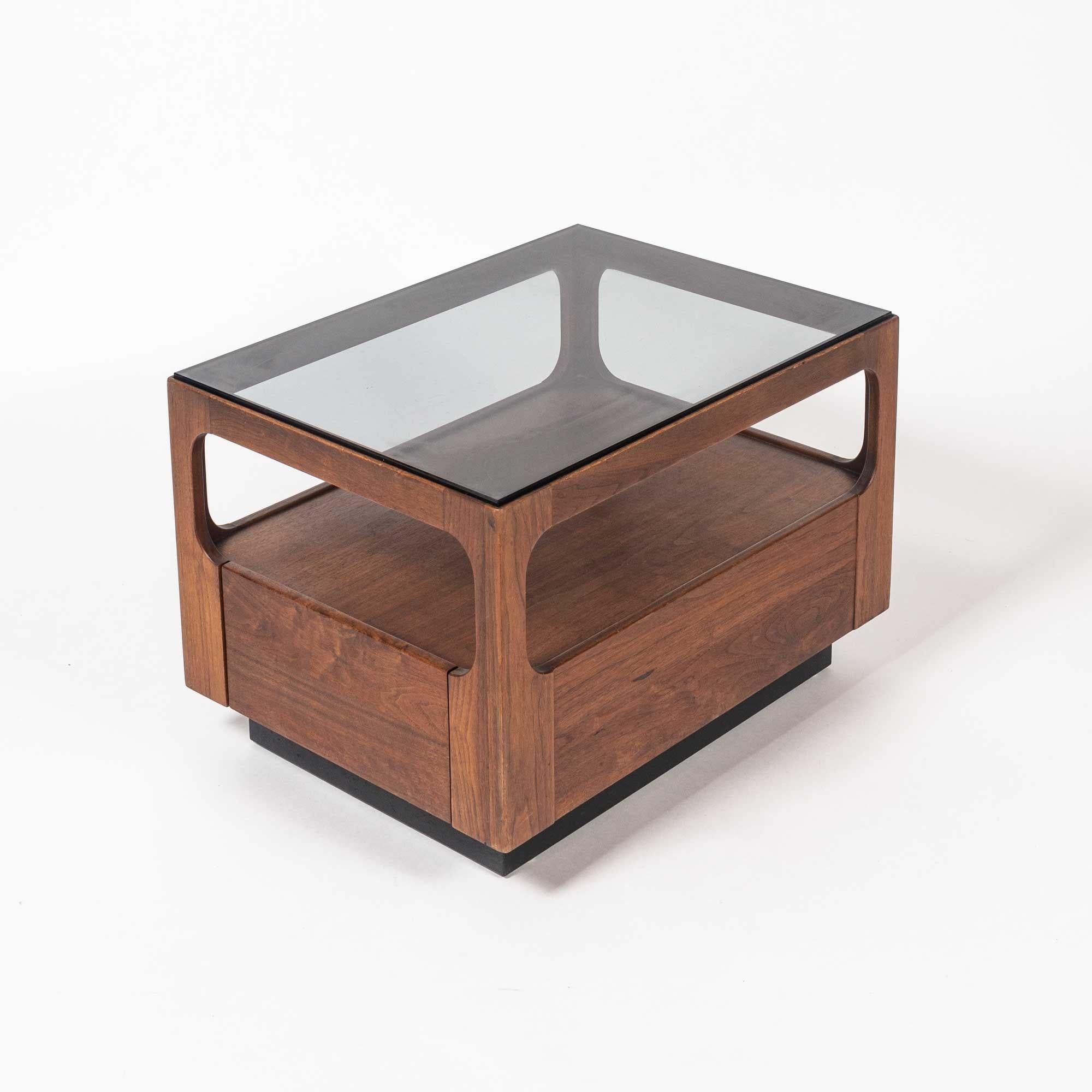 American Brown Saltman Side Table with Drawer and Smoke Glass Top