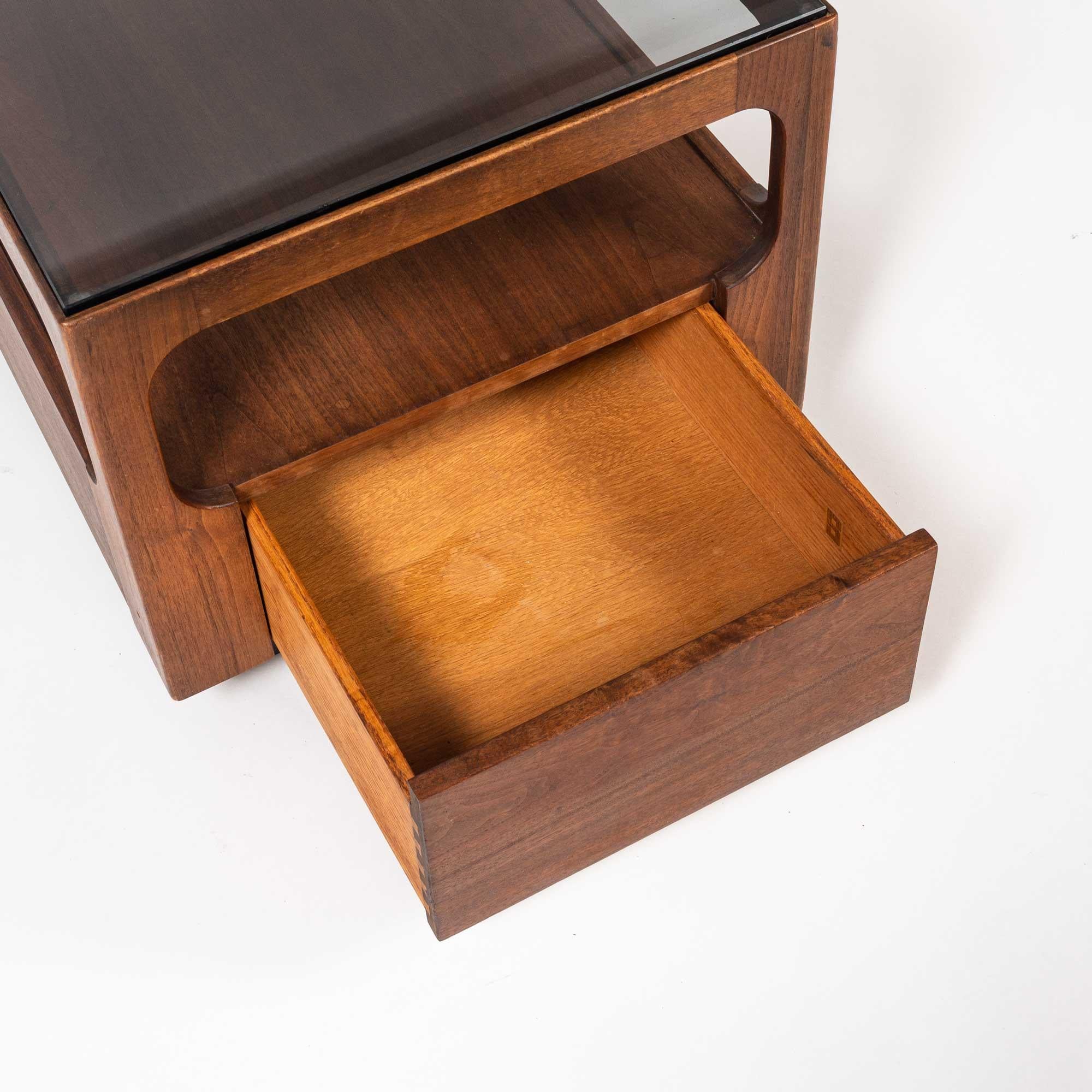 Brown Saltman Side Table with Drawer and Smoke Glass Top 1