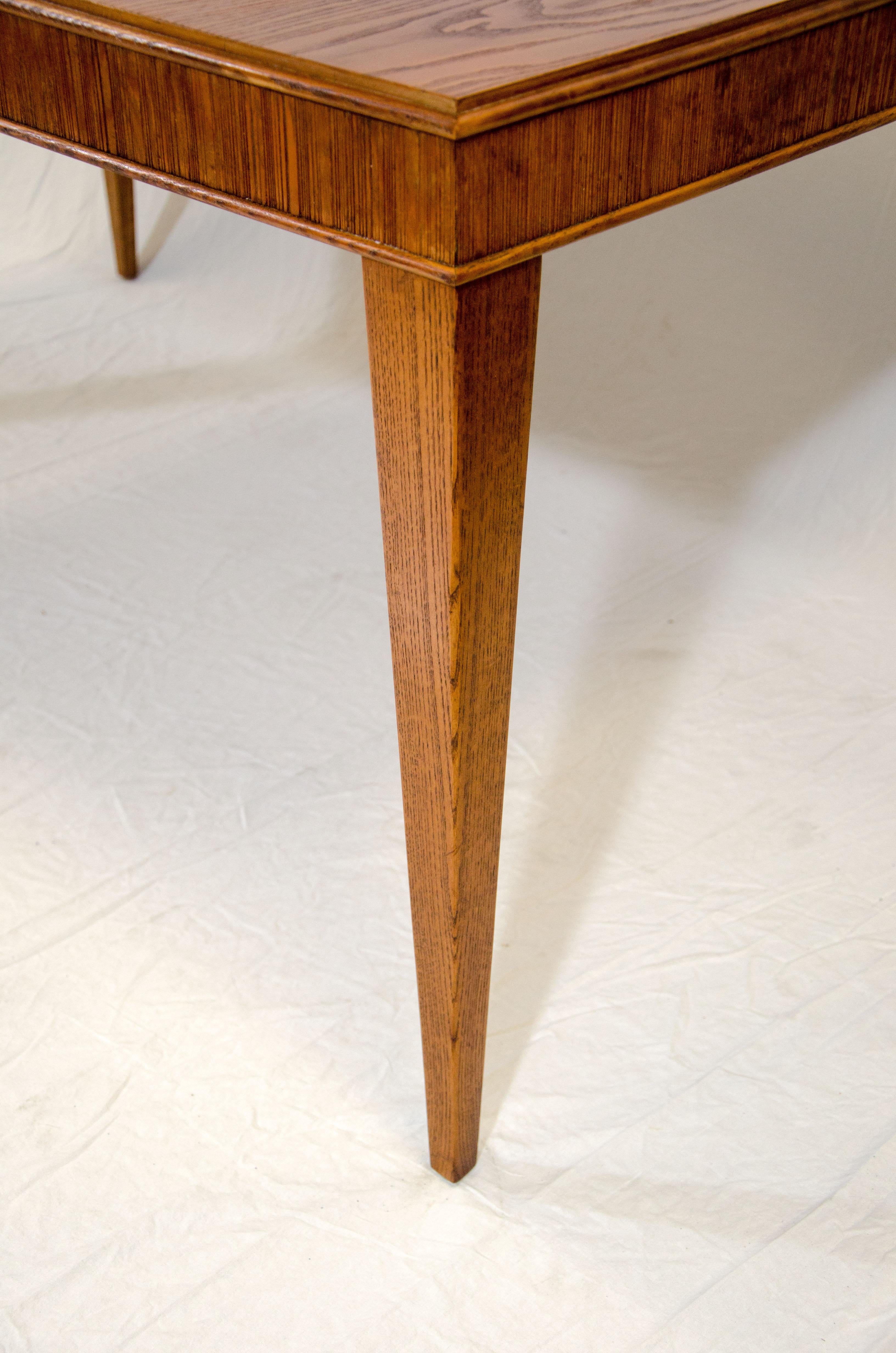 Oak Brown Saltman Three Leaf Dining Table by Paul Frankl