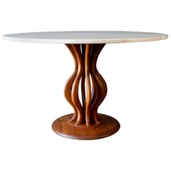 Brown Saltman Travertine and Sculpted Walnut Dining or Bistro Table, circa 1970