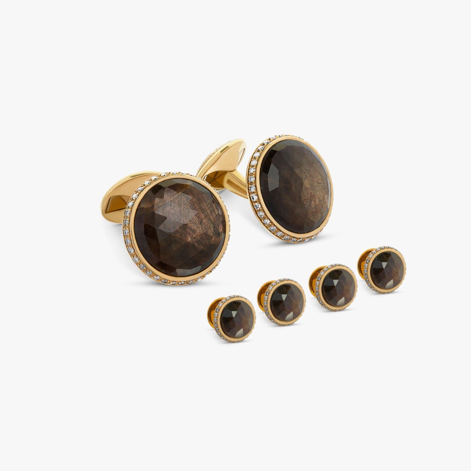 Faceted cabochons of semi-precious and precious stones have been immaculately set within a perfect bezel setting, decorated with exquisite diamonds, scattered, framing the stone. A classic collection of cufflinks that will remain timeless, to pass