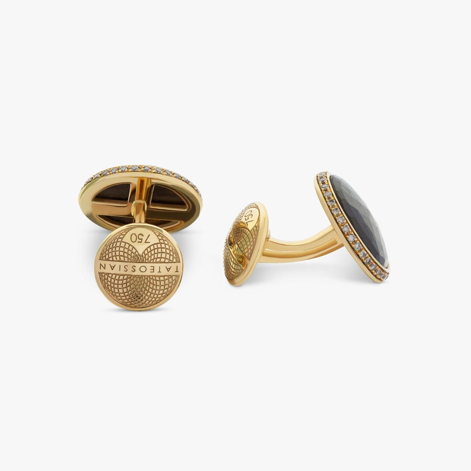 Round Cut Brown Sapphire And Champagne Diamond Cufflinks And Shirt Studs Set In 18K Yellow For Sale