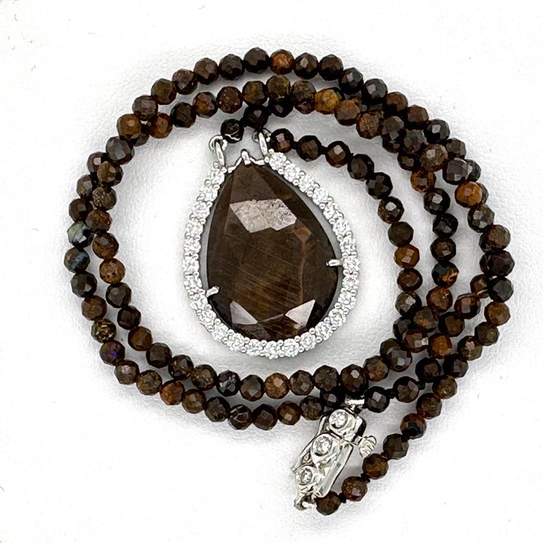 Contemporary Brown Sapphire in 0.78 Carat Diamond & White Gold Halo on Boulder Opal Necklace For Sale