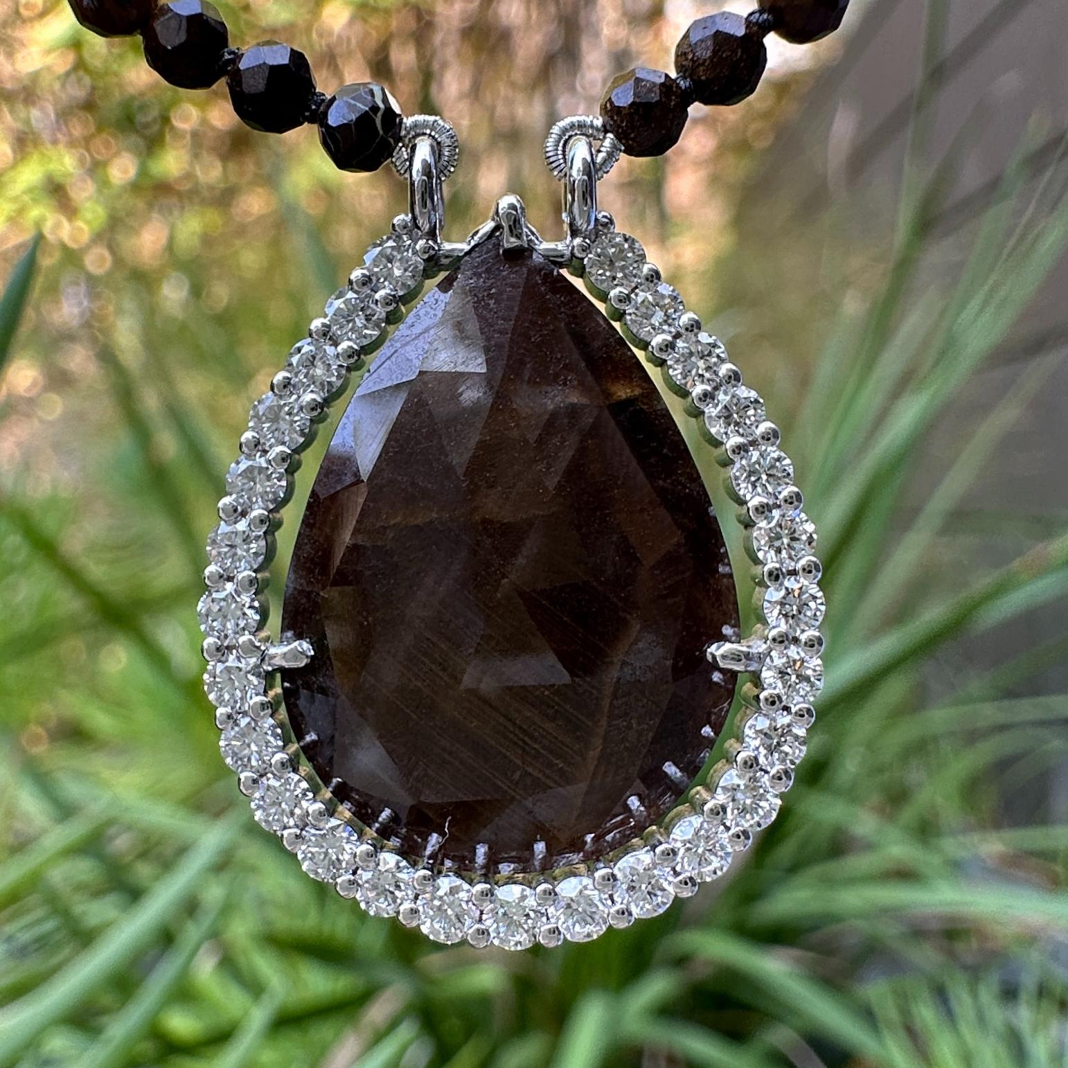 Contemporary Brown Sapphire in 0.78 Carat Diamond & White Gold Halo on Boulder Opal Necklace For Sale