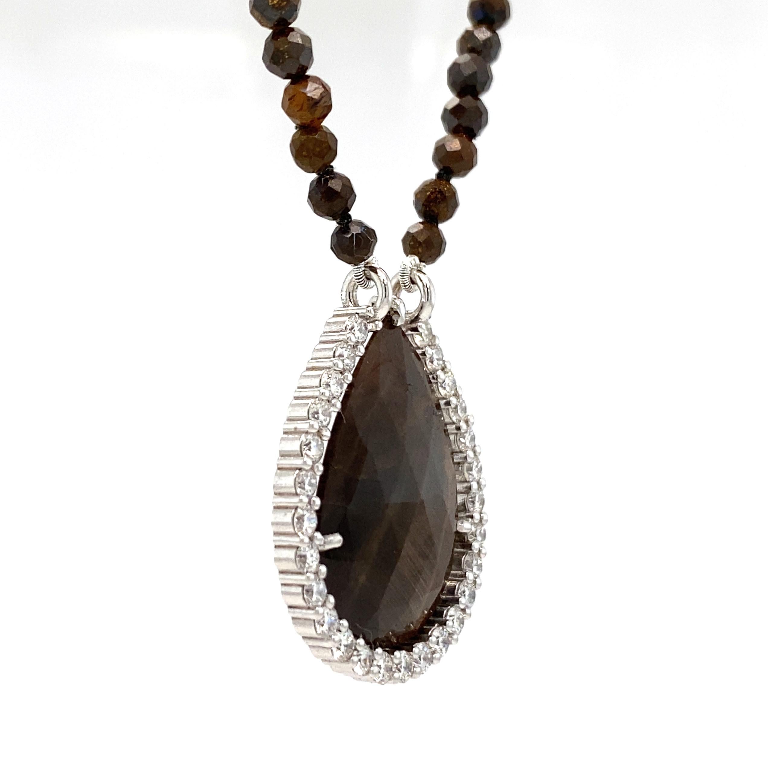 Brilliant Cut Brown Sapphire in 0.78 Carat Diamond & White Gold Halo on Boulder Opal Necklace For Sale