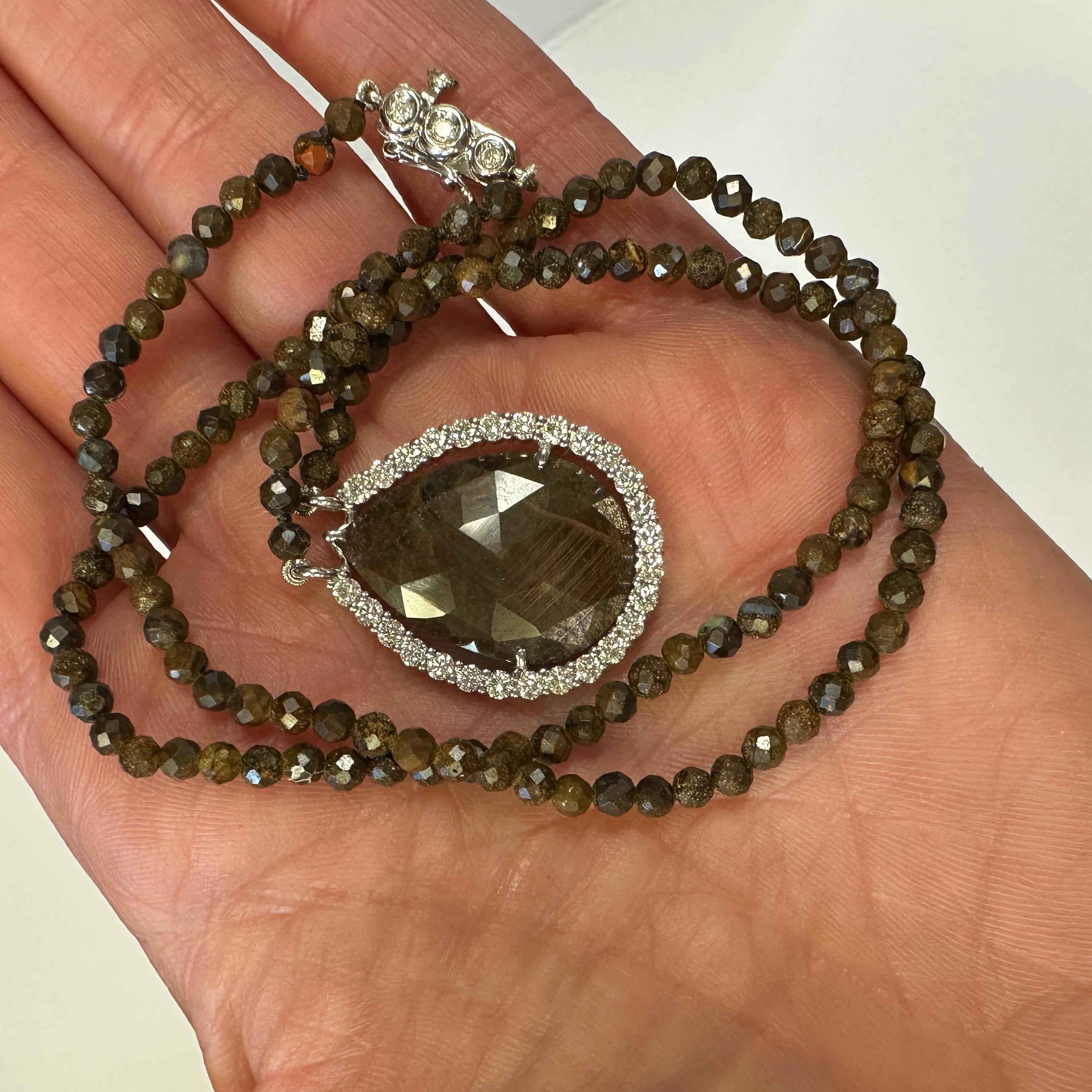 Women's or Men's Brown Sapphire in 0.78 Carat Diamond & White Gold Halo on Boulder Opal Necklace For Sale