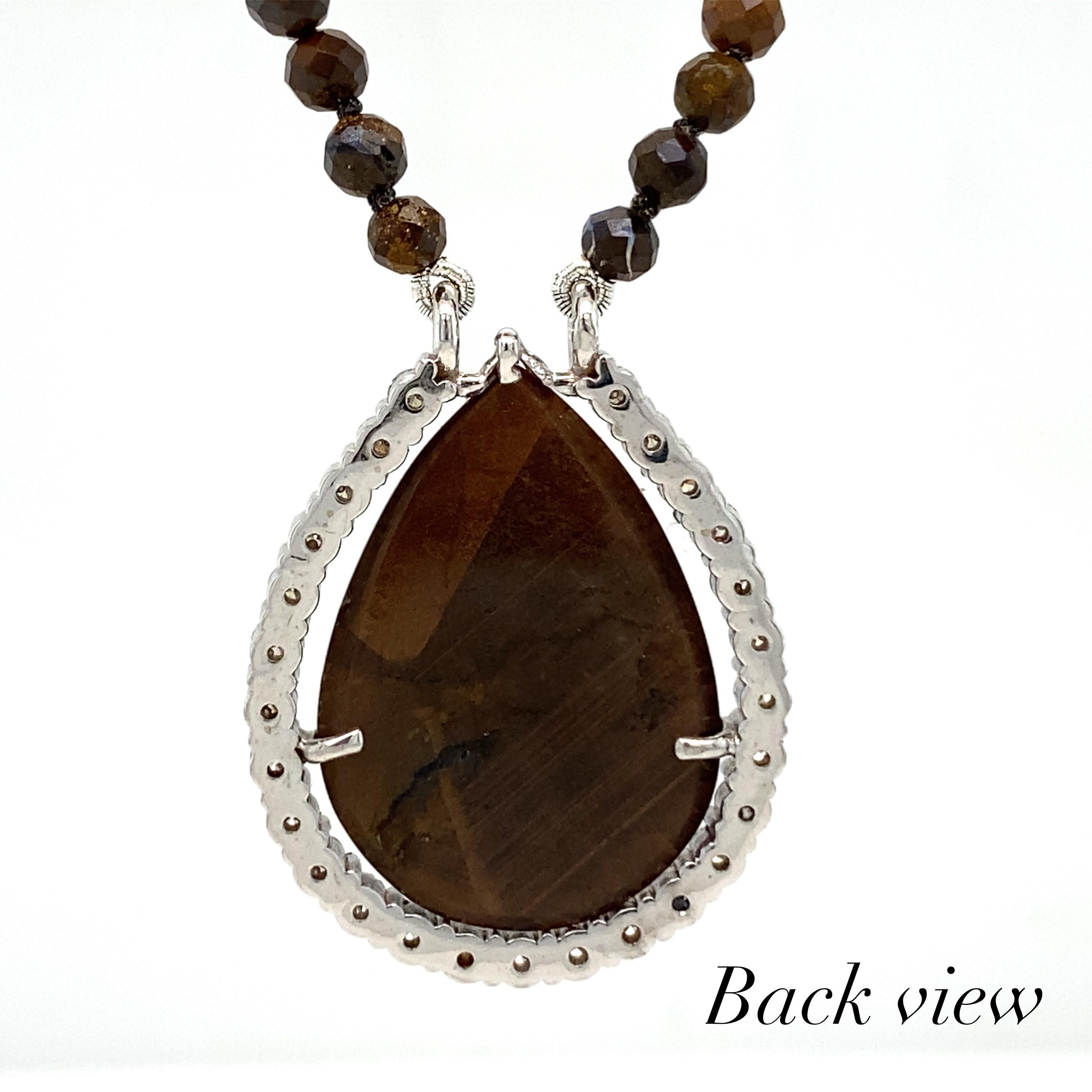 Brown Sapphire in 0.78 Carat Diamond & White Gold Halo on Boulder Opal Necklace For Sale 1
