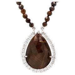 Brown Sapphire in 0.78 Carat Diamond & White Gold Halo on Boulder Opal Necklace