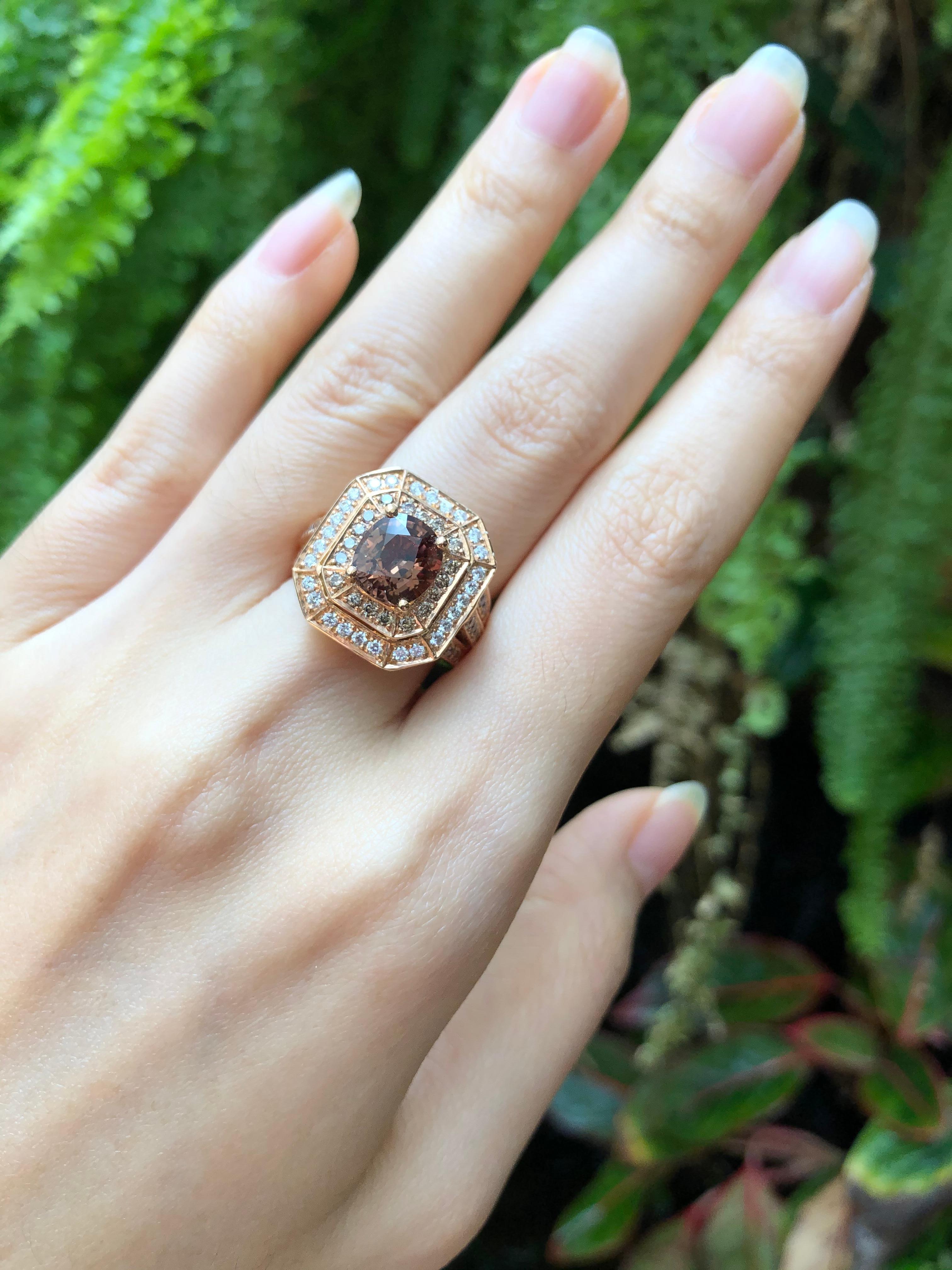 Brown Sapphire 2.57 carats with Brown Diamond 0.60 carat and Diamond 0.31 carat Ring set in 18 Karat Rose Gold Settings

Width:  1.6 cm 
Length: 1.8 cm
Ring Size: 52
Total Weight: 12.12 grams

