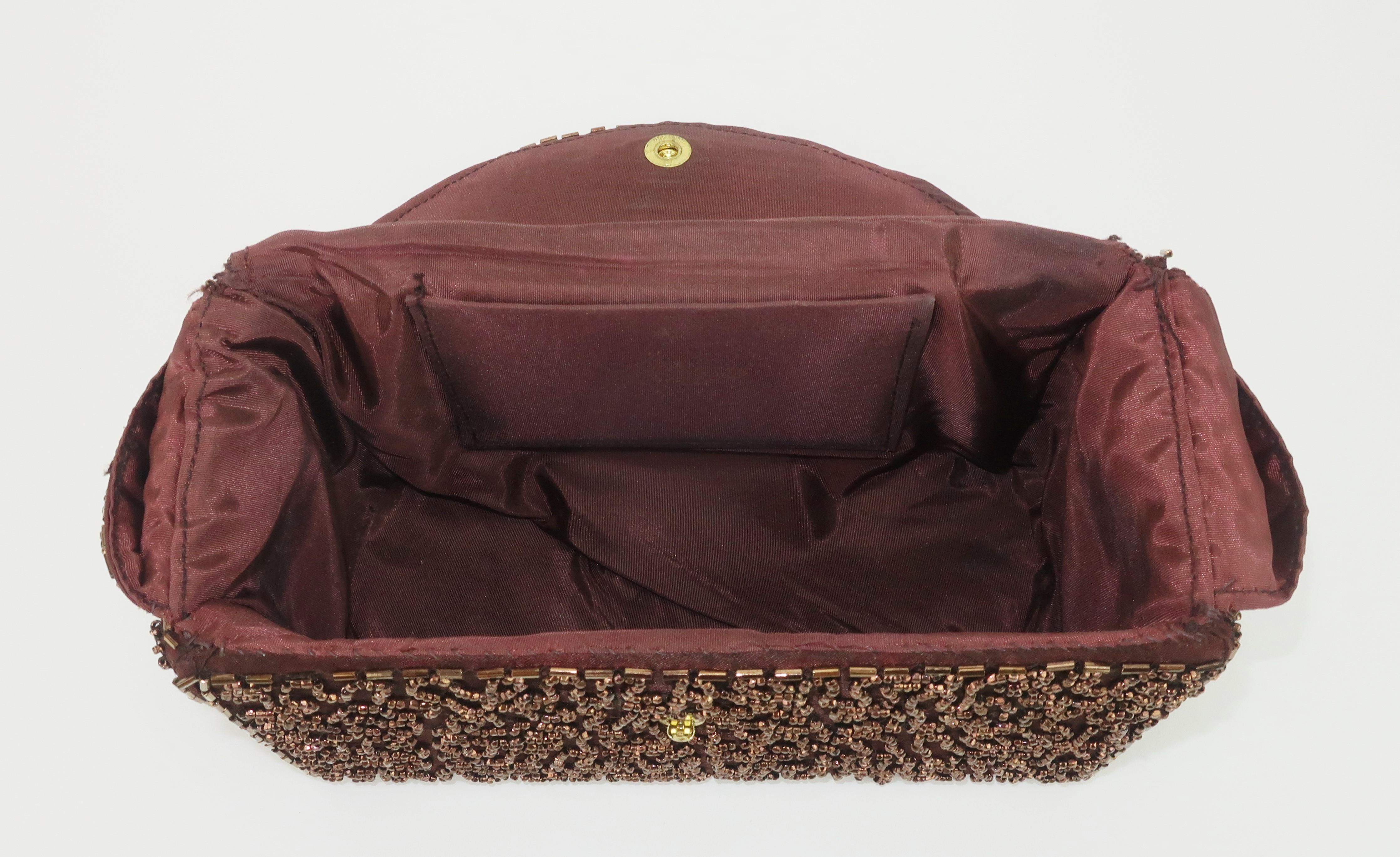Brown Satin Beaded Evening Box Handbag, 1940's 2