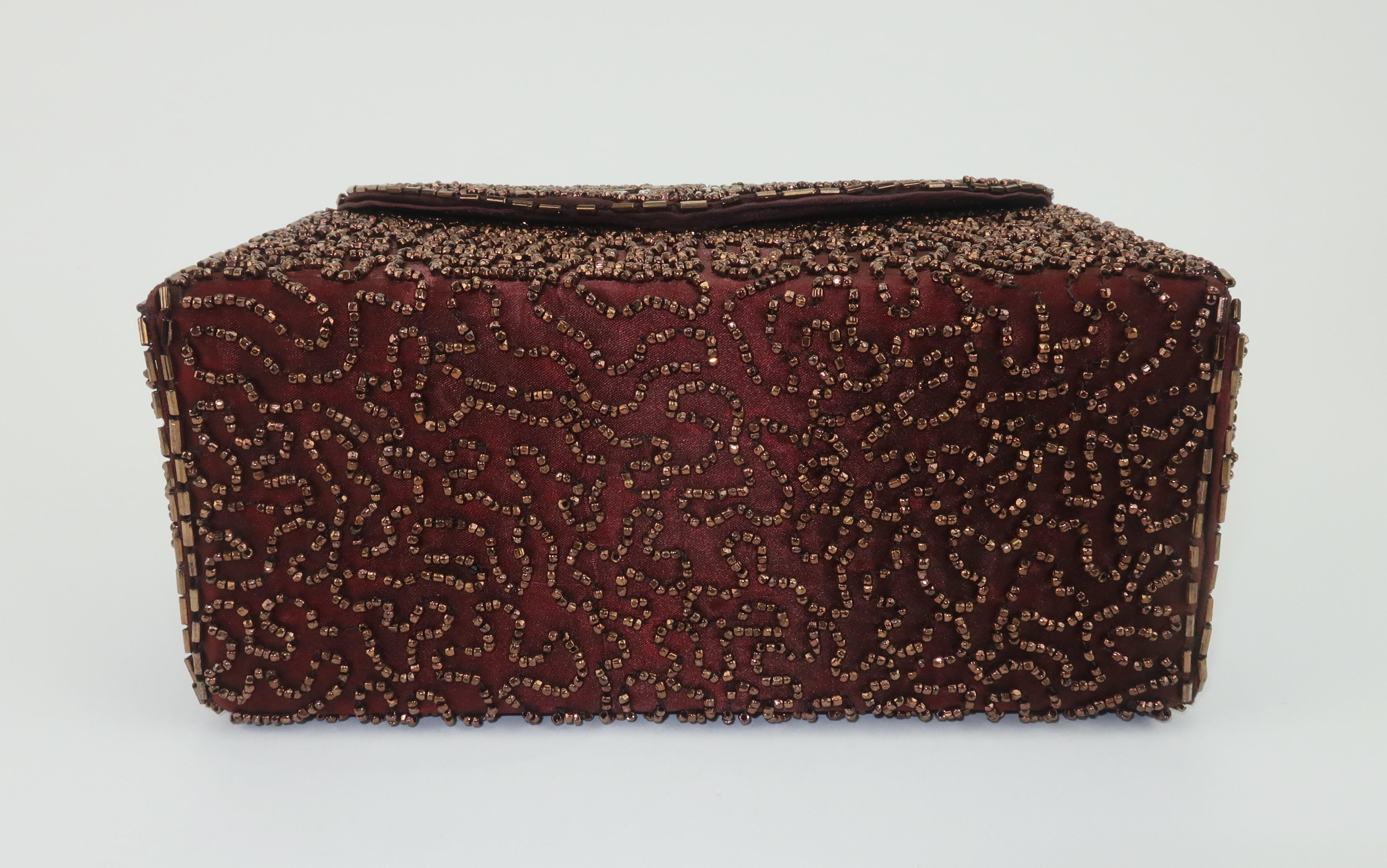 Women's Brown Satin Beaded Evening Box Handbag, 1940's