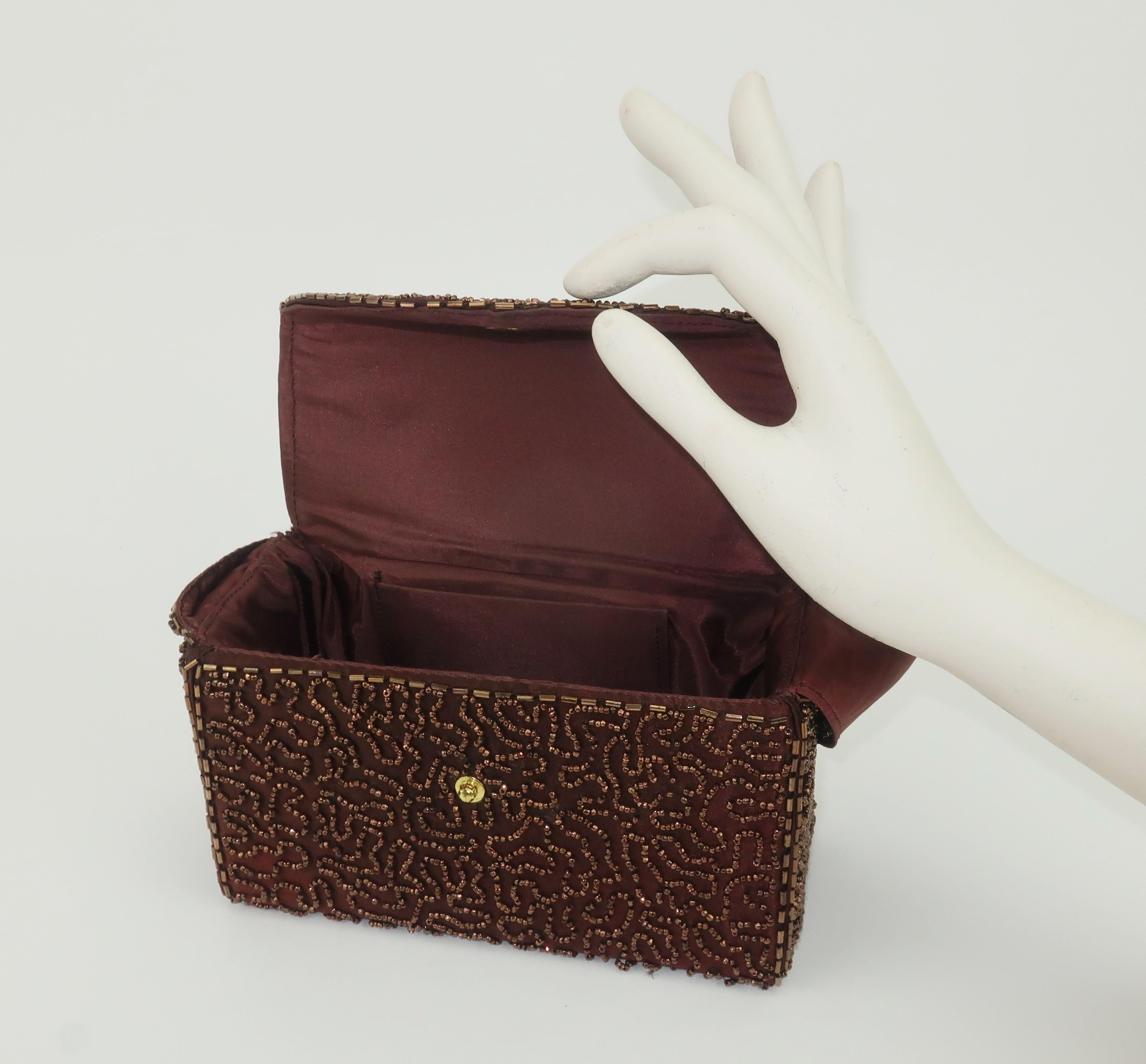 Brown Satin Beaded Evening Box Handbag, 1940's 1