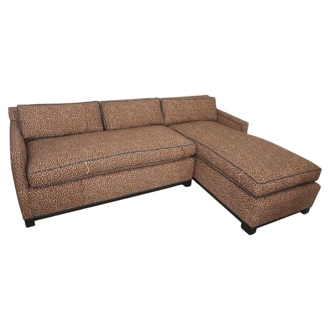 Brown Sectional in Custom Sister Parish Fabric and Trim For Sale