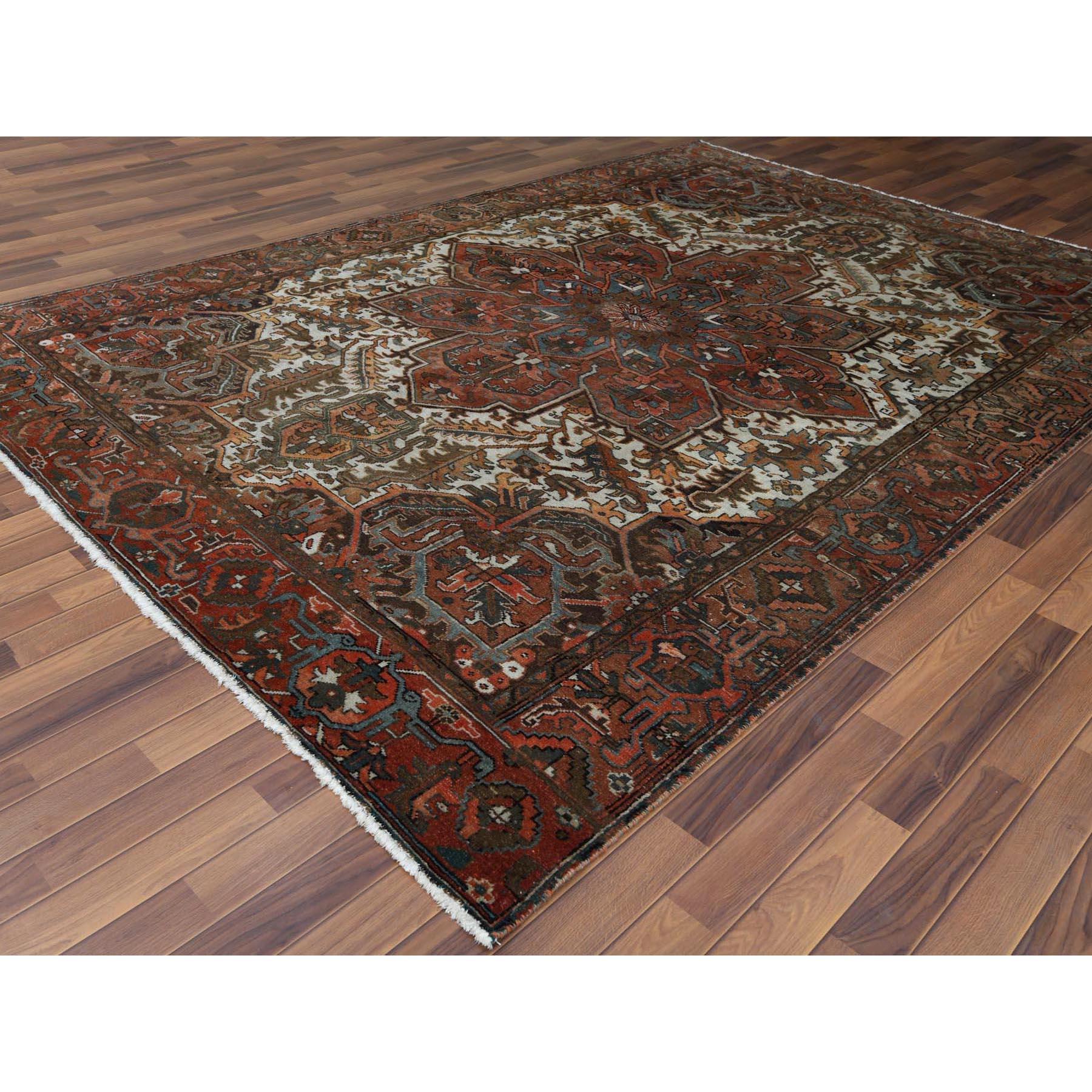 Hand-Knotted Brown Semi Antique Persian Heriz with Flower Design Oriental Rug