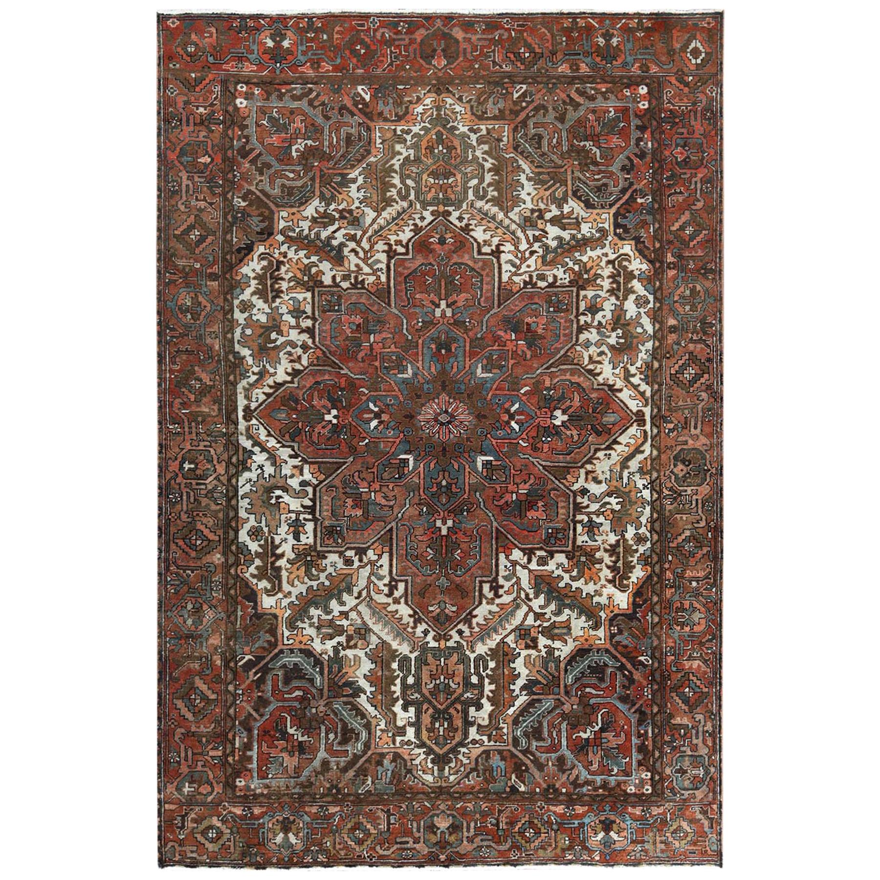 Brown Semi Antique Persian Heriz with Flower Design Oriental Rug