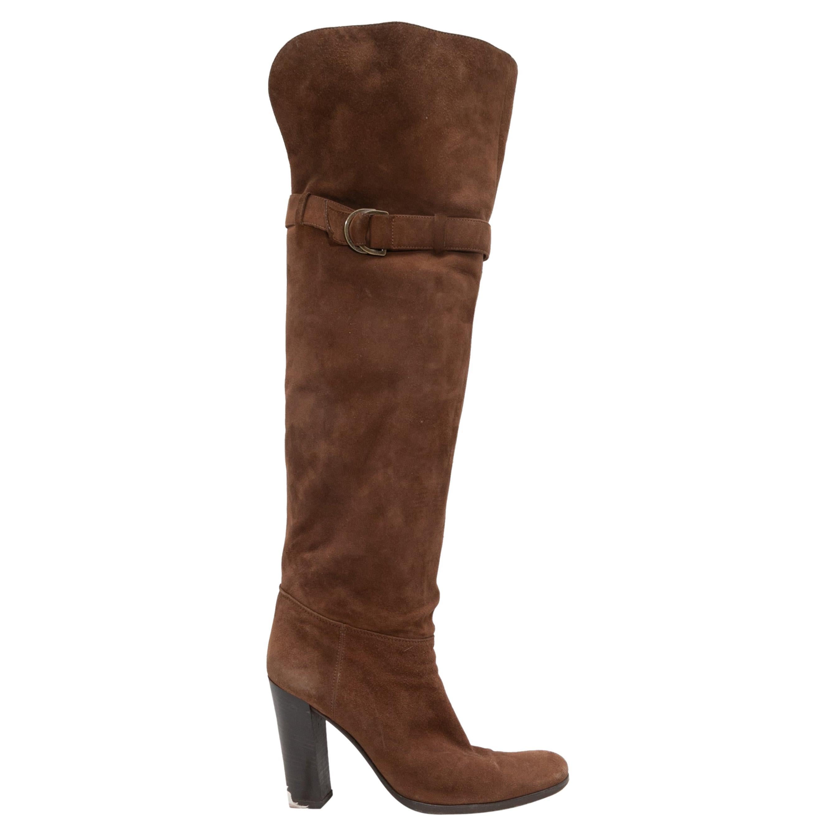 Brown Sergio Rossi Knee-High Suede Boots Size 39.5 For Sale