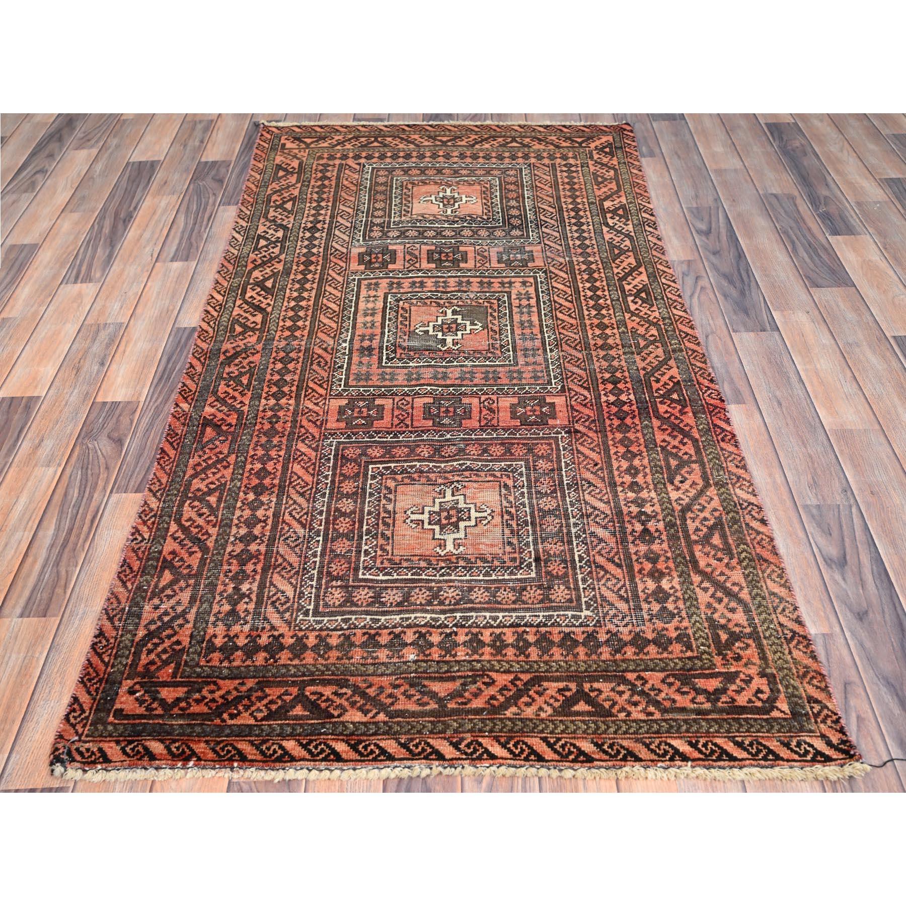 Medieval Brown Sheared Low Evenly Worn Vintage Persian Baluch Multiple Border Clean Rug For Sale