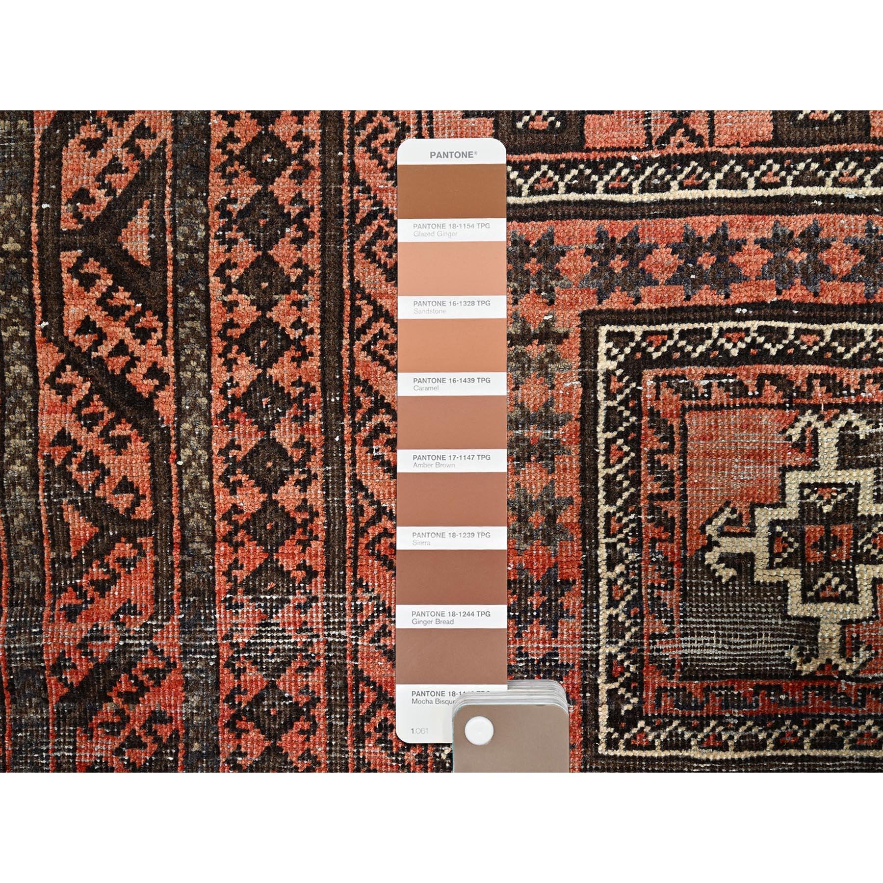 Brown Sheared Low Evenly Worn Vintage Persian Baluch Multiple Border Clean Rug In Excellent Condition For Sale In Carlstadt, NJ