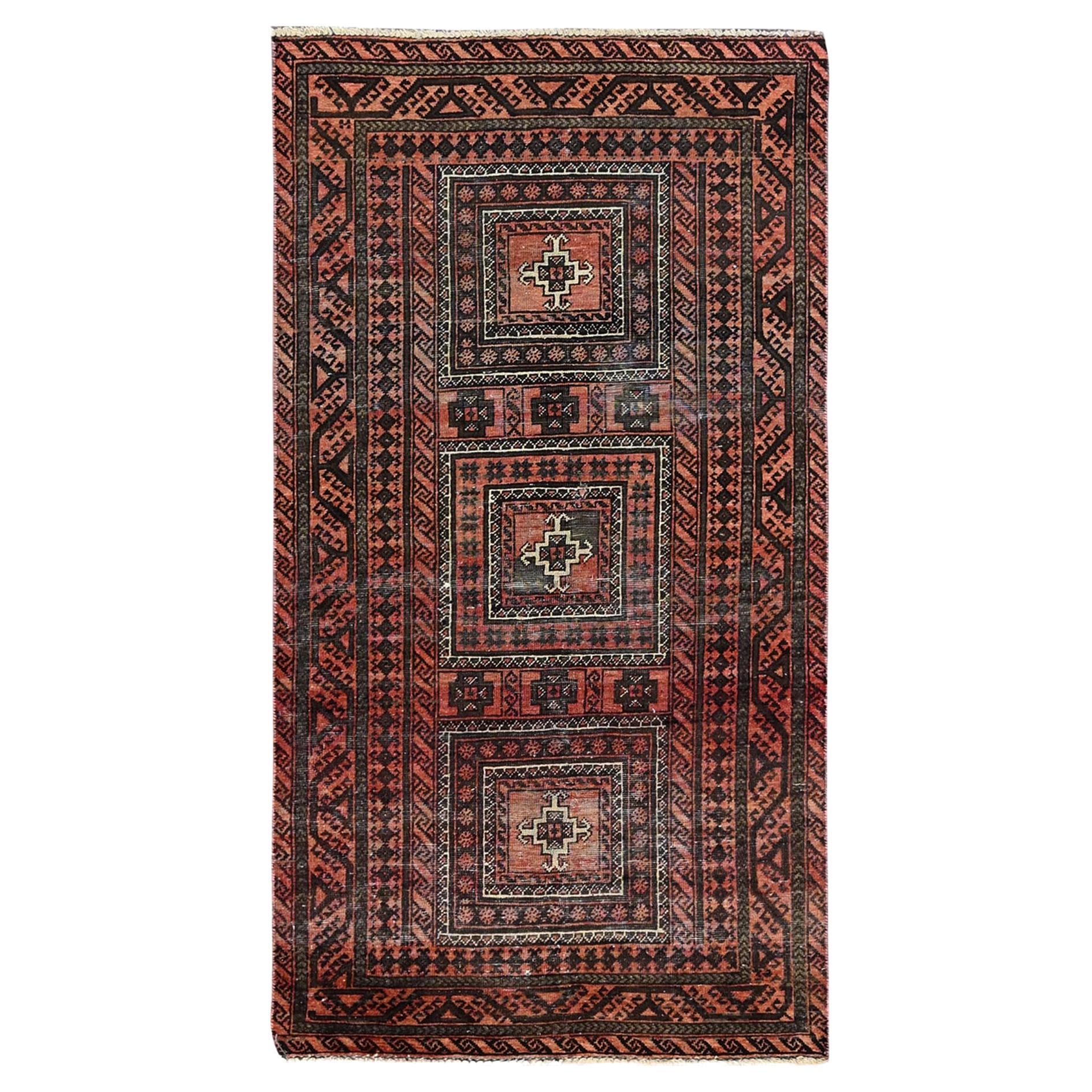 Brown Sheared Low Evenly Worn Vintage Persian Baluch Multiple Border Clean Rug