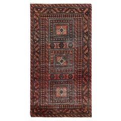 Brown Sheared Low Evenly Worn Vintage Persian Baluch Multiple Border Clean Rug