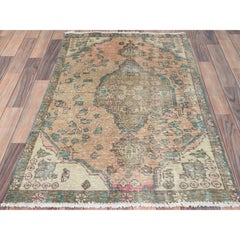 Brown Sheared Low Worn Wool Hand Knotted Bohemian Vintage Persian Tabriz Rug
