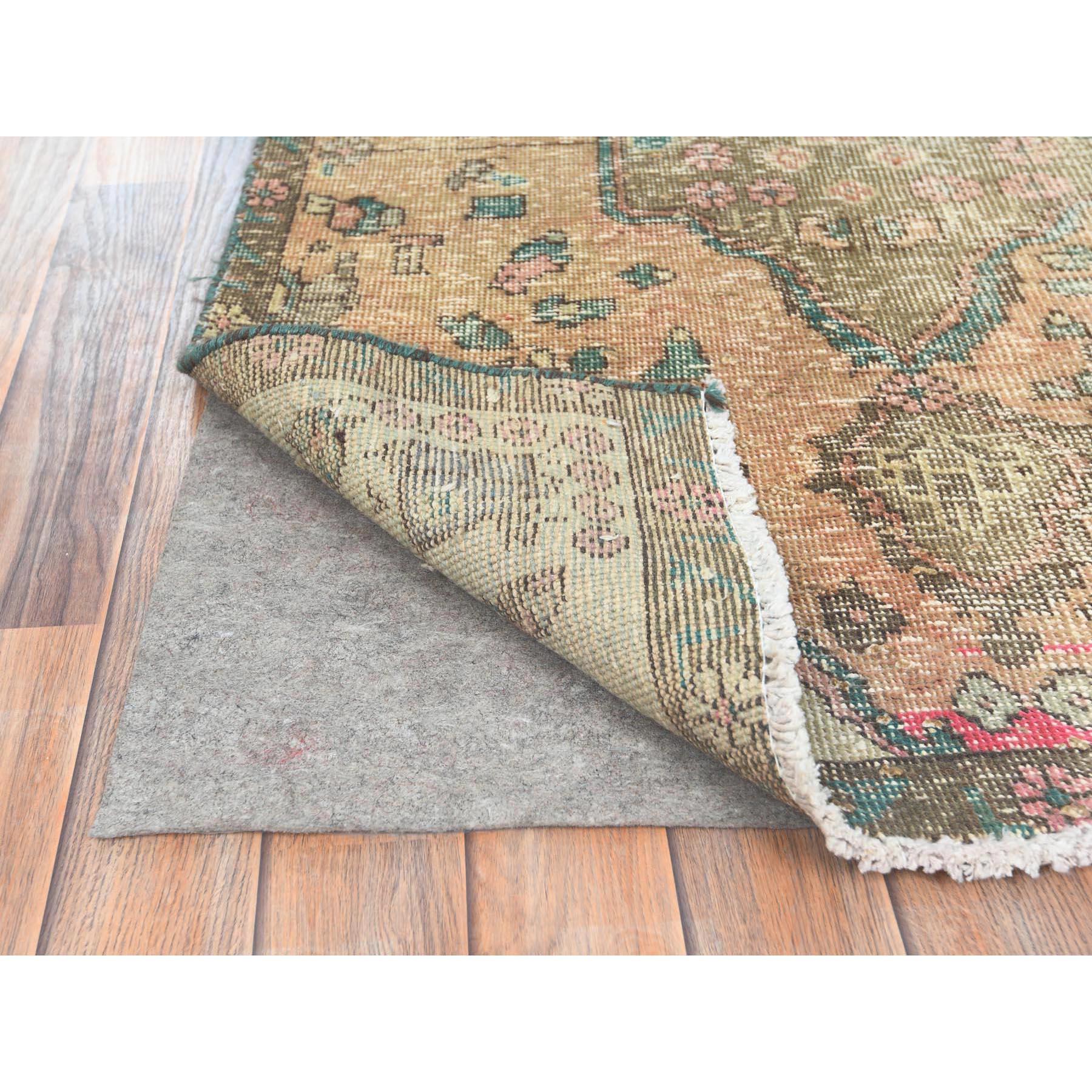 Medieval Brown Sheared Low Worn Wool Hand Knotted Bohemian Vintage Persian Tabriz Rug For Sale