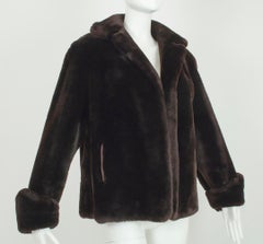 Brown Sheared Mouton Lamb Fur Jacket with Passementerie Braid - M-L, 1950s