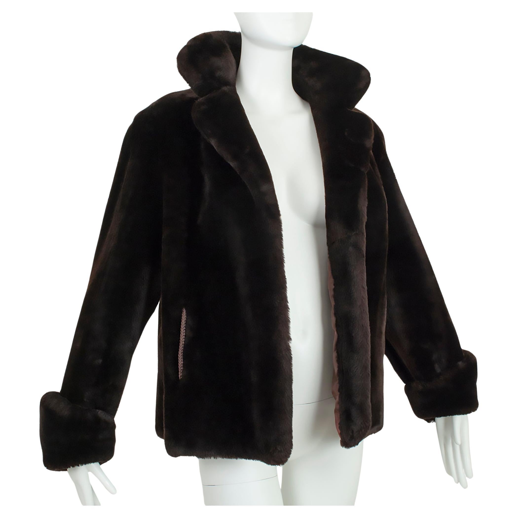 Braune Braune Mouton Pelzjacke mit Teddybär-Puffjacke und Spitzenmanschetten - L, 1950er Jahre