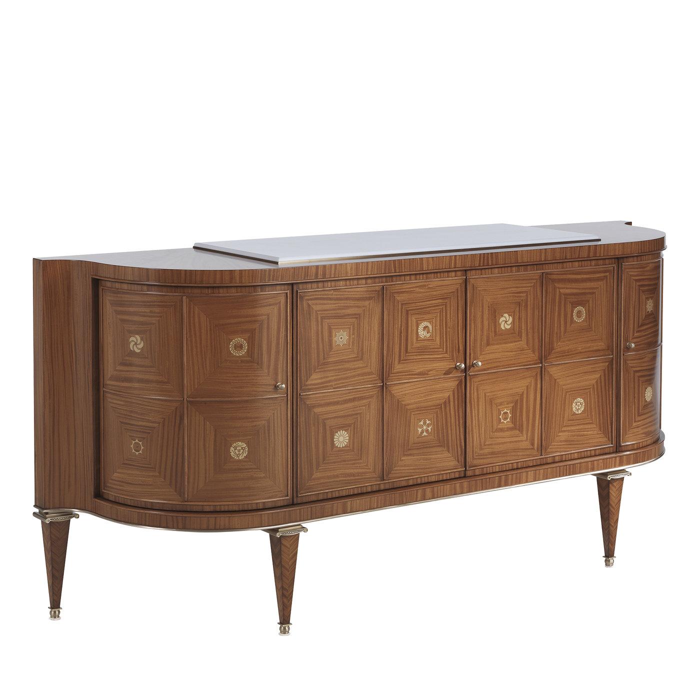 Clear lines and refined charm characterize this dramatic sideboard. The demi-lune silhouette is crafted of solid citronnier wood and features two central doors flanked by two lateral doors accented with round handles. The wood's natural