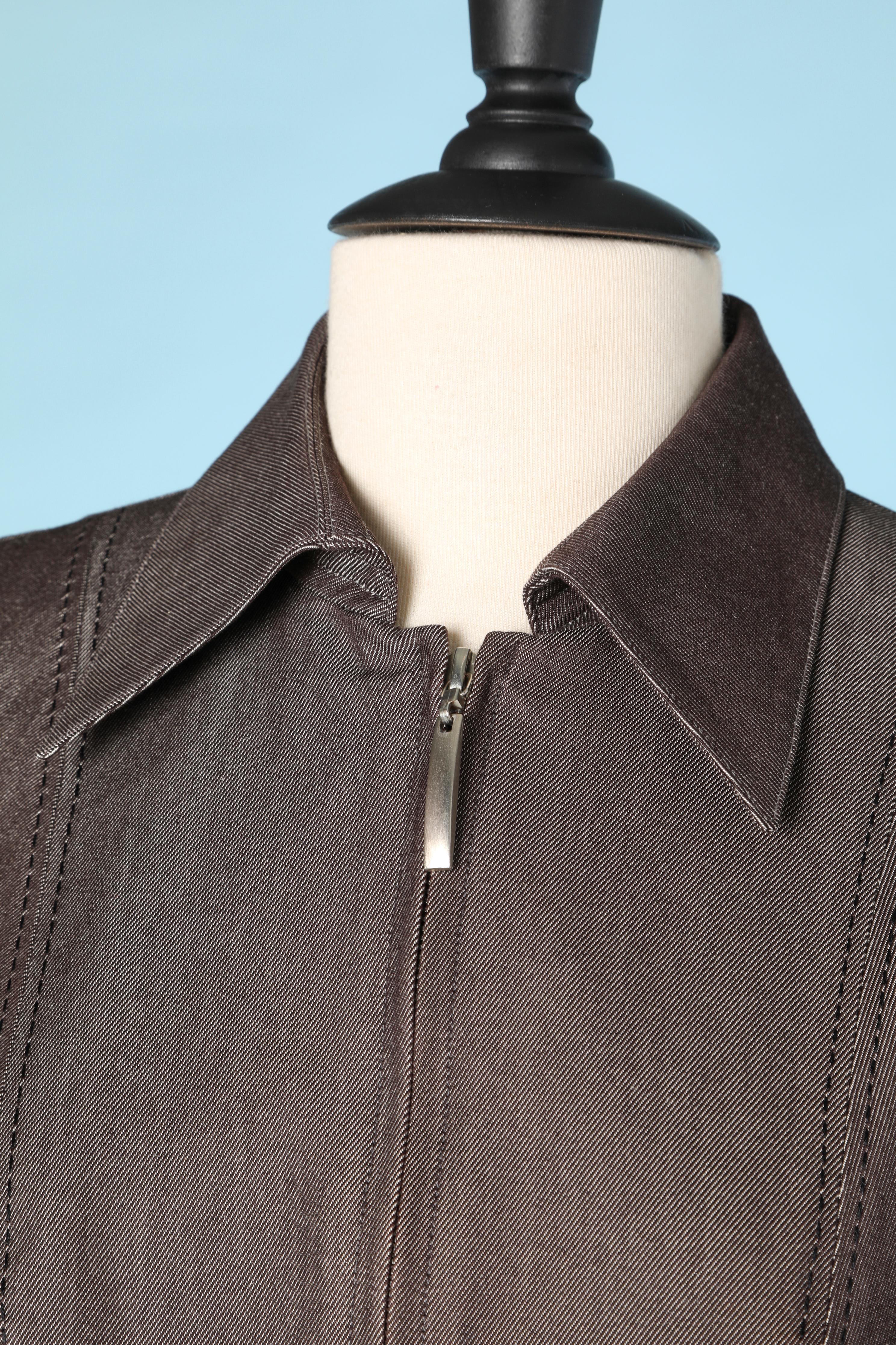 Brown silk and cotton jacket with zip and top-stitched 