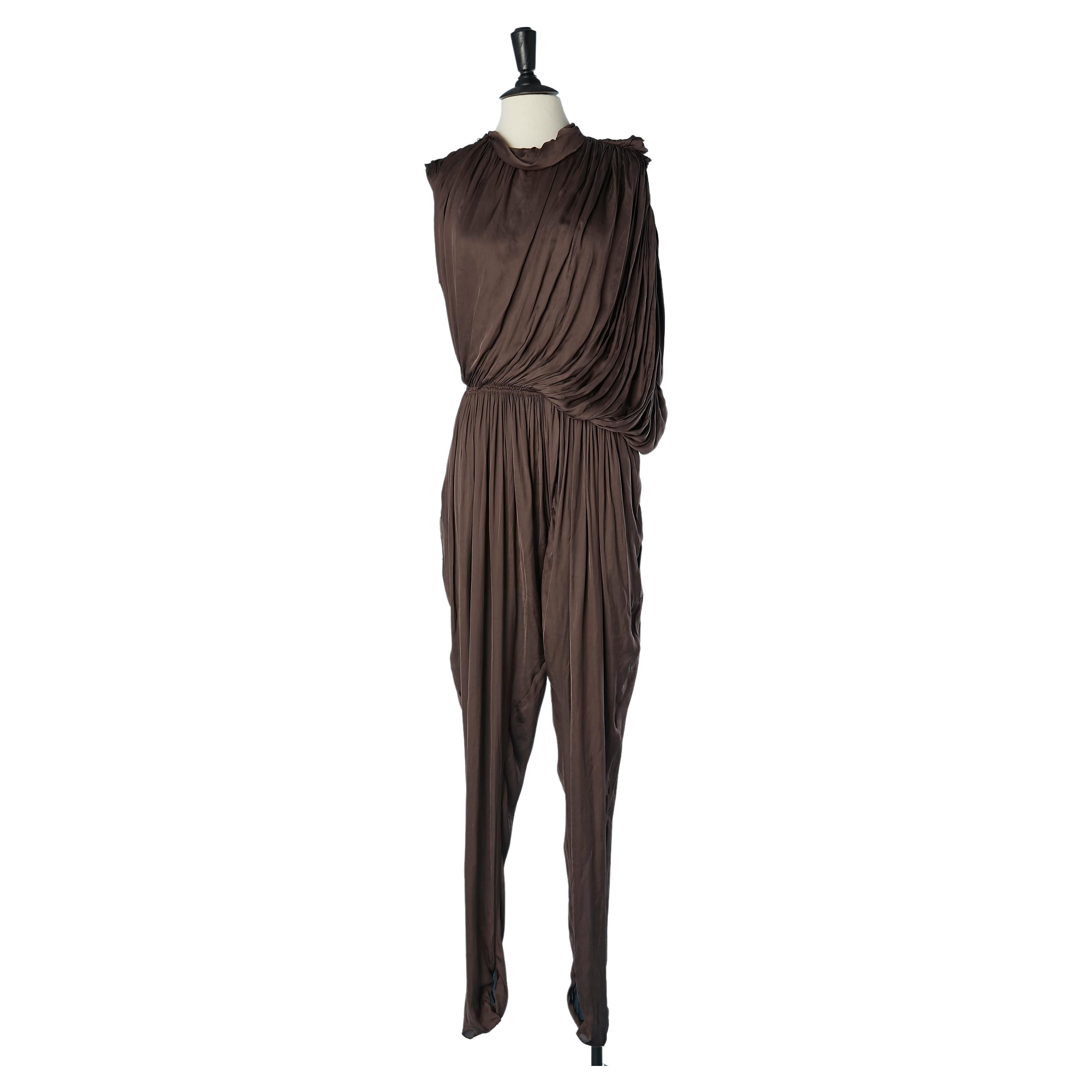 Brown silk asymmetrical and drape evening jumpsuit Lanvin by Alber Elbaz 