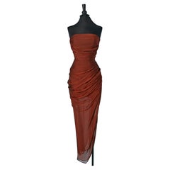 Robe de soirée bustier en mousseline de soie asymétrique drapée Brown Sophie Sitbon