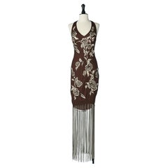 Brown silk backless evening dress with thread embroidery, sequin and fringes