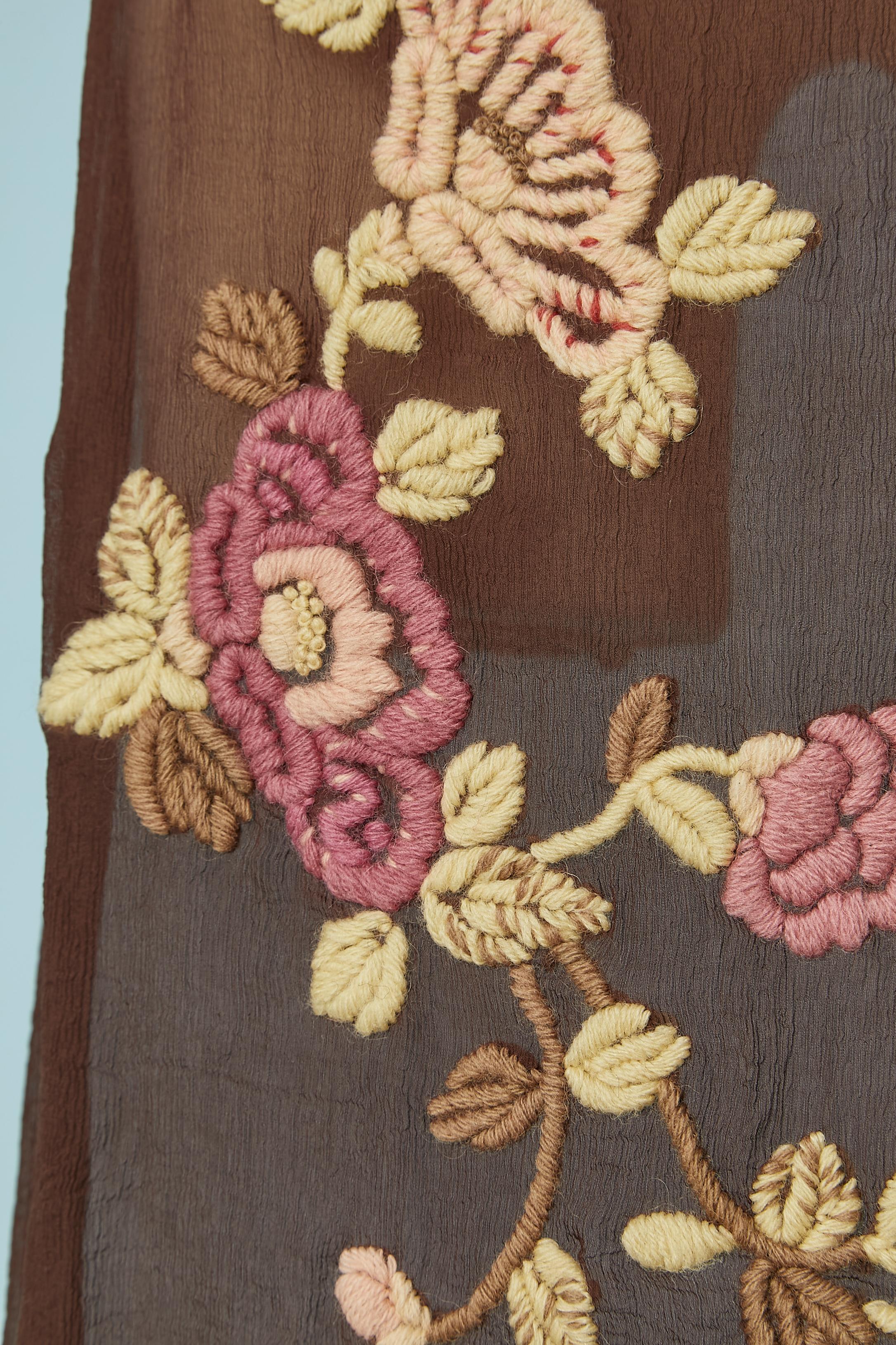 Brown silk chiffon dress with wool thread embroideries and tassels on both side bottom. 
SIZE S 