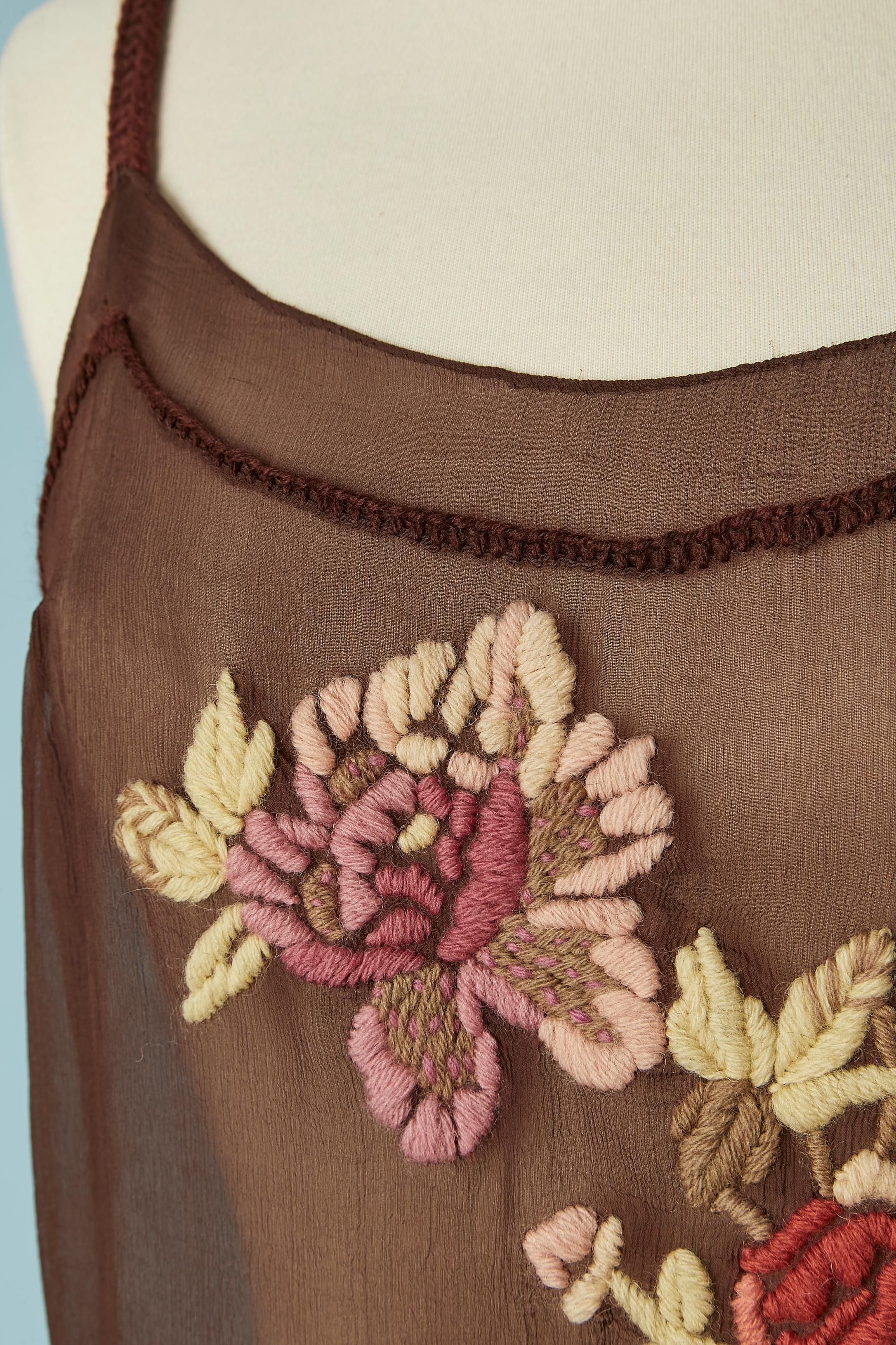 Brown silk chiffon dress with wool thread embroideries Lolita Lempicka Première In Excellent Condition In Saint-Ouen-Sur-Seine, FR