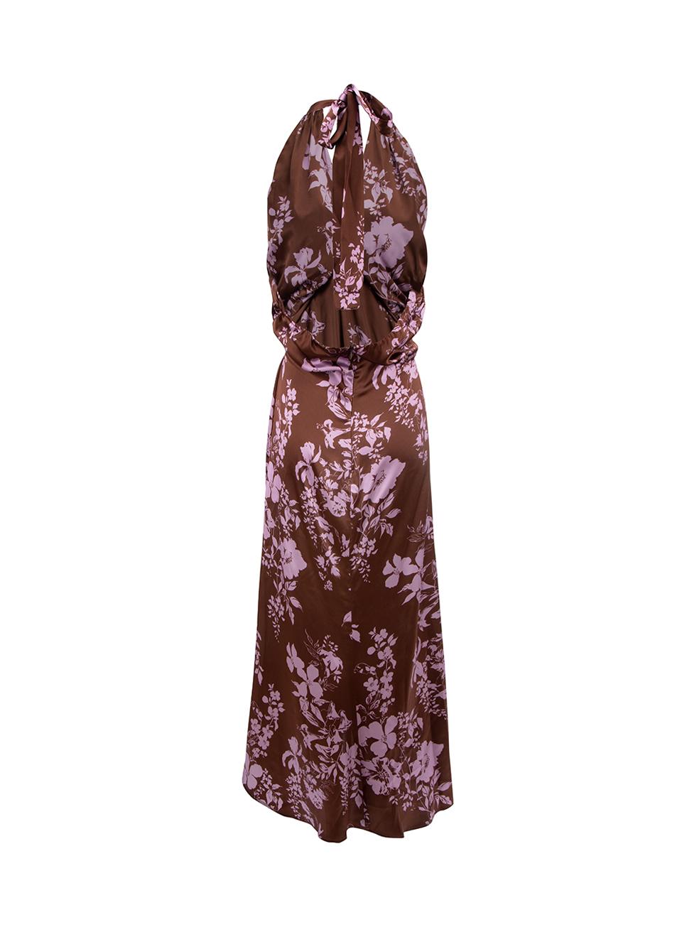 Black Brown Silk Floral Halter Midi Dress Size L