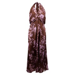 Brown Silk Floral Halter Midi Dress Size L